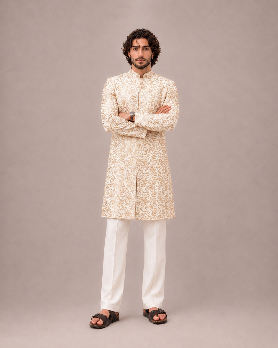 Cream Silk Sherwani with Thread Work