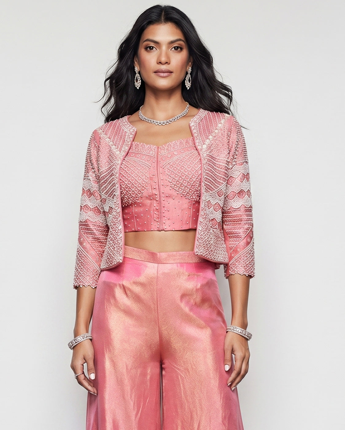 Peach Tissue Silk Indo Western with Moti and Cutdana Embroidery Work