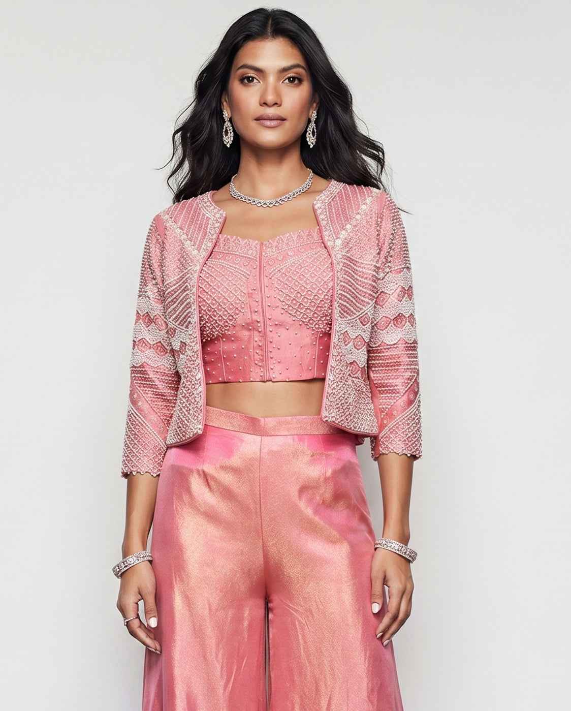 Peach Tissue Silk Indo Western with Moti and Cutdana Embroidery Work