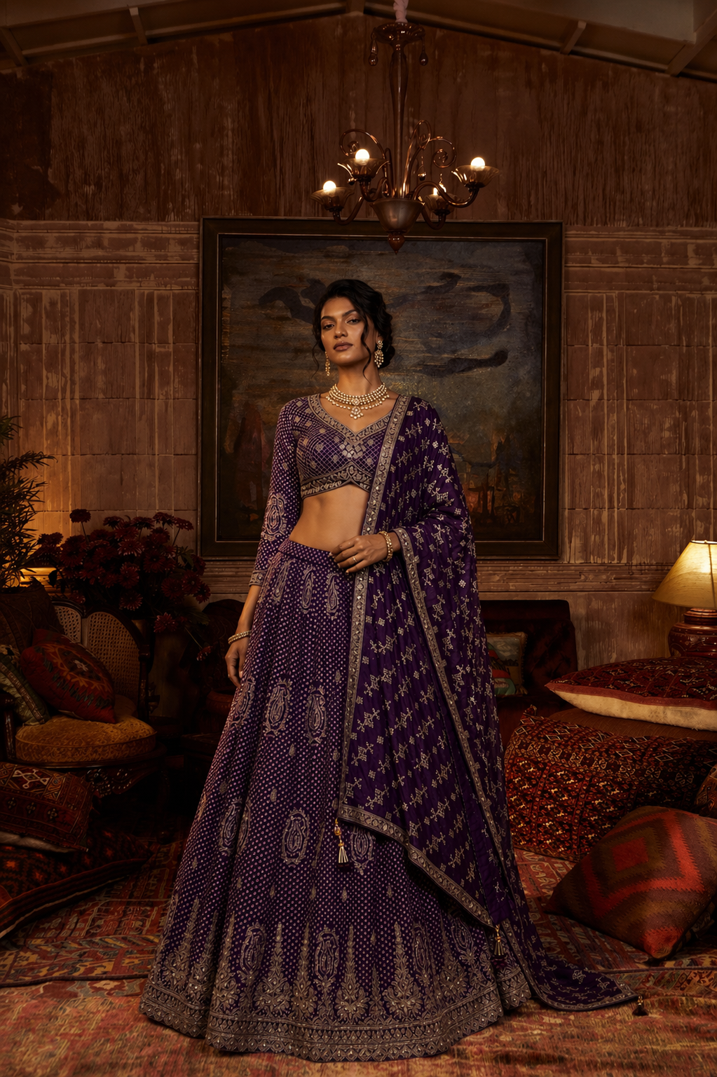 Purple Soft Silk Choli with Zardozi Pal Work and Bandhani Print