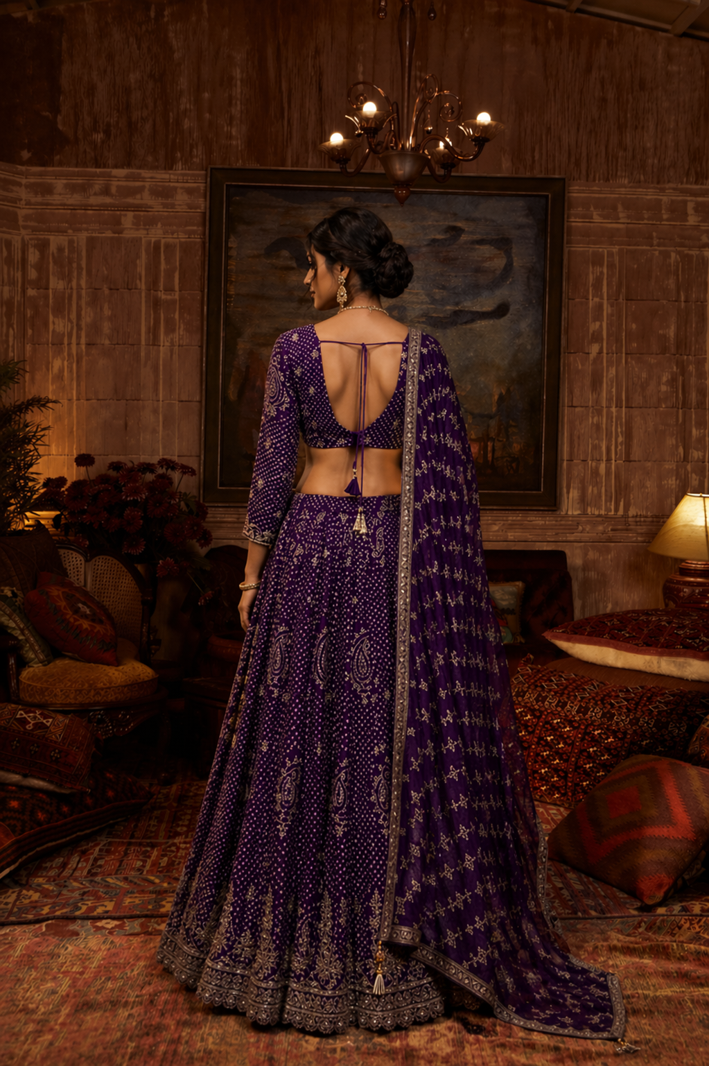 Purple Soft Silk Choli with Zardozi Pal Work and Bandhani Print
