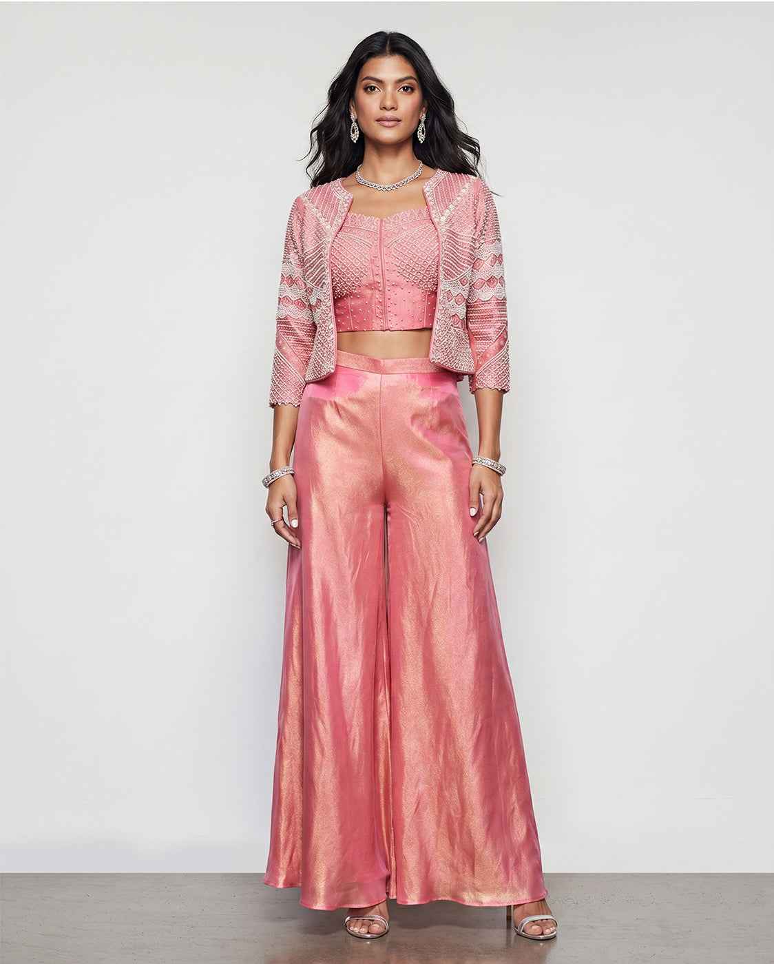 Peach Tissue Silk Indo Western with Moti and Cutdana Embroidery Work