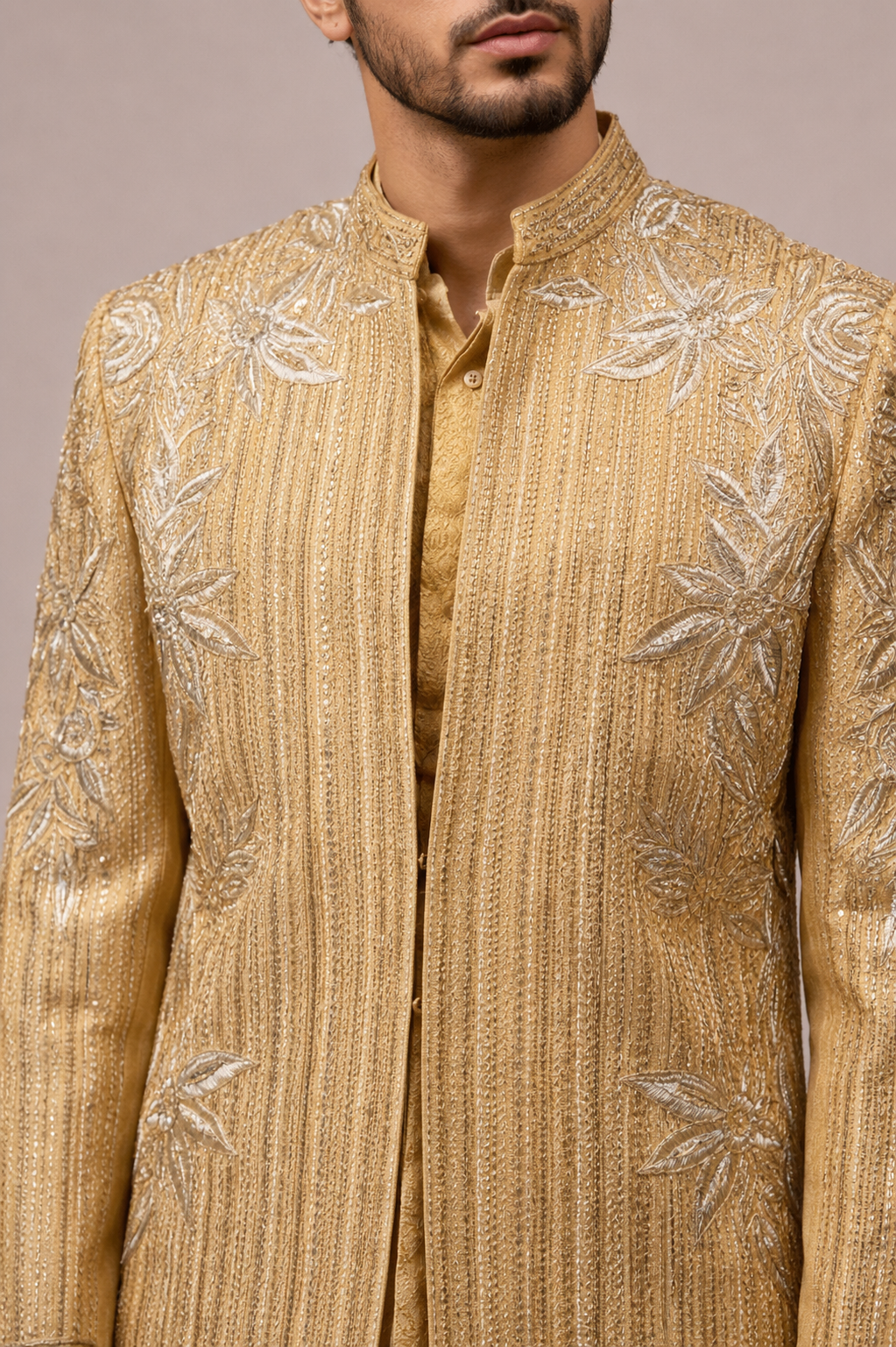 Mustard Tissue Silk Indo Western with Hand Embroidery and Thread Work