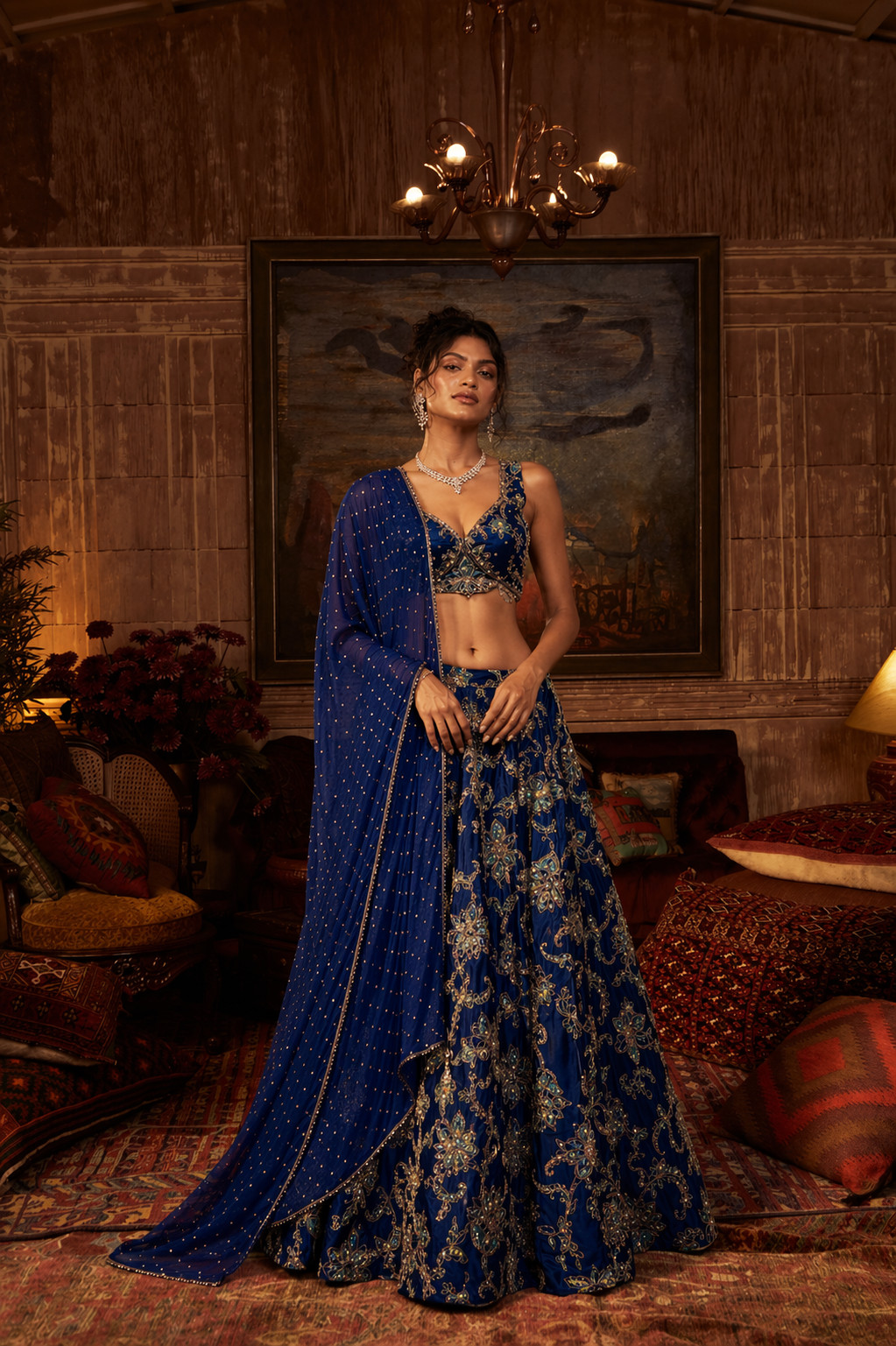 Royal Blue Soft Silk Choli with Floral Print Work