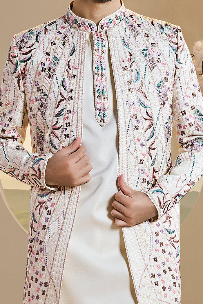 Ivory Indo-Western Set With Multi-Color Embroidery - Shreeman