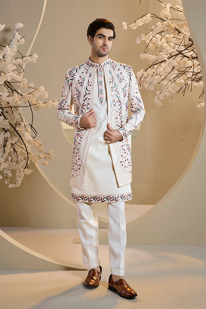 Ivory Indo-Western Set With Multi-Color Embroidery - Shreeman
