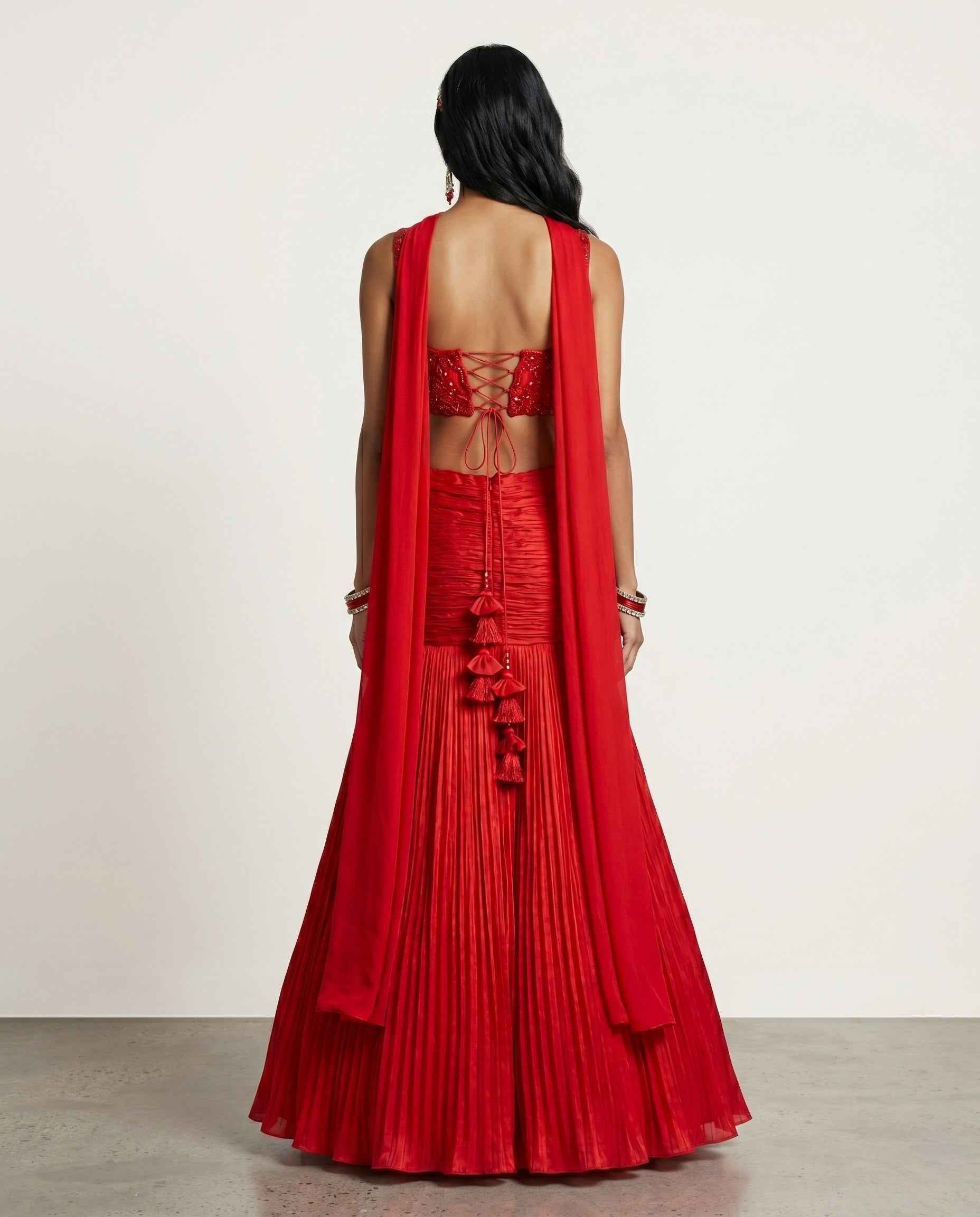 Red Soft Silk Indo Western with Moti Resham Cut Work and Cutdana Work
