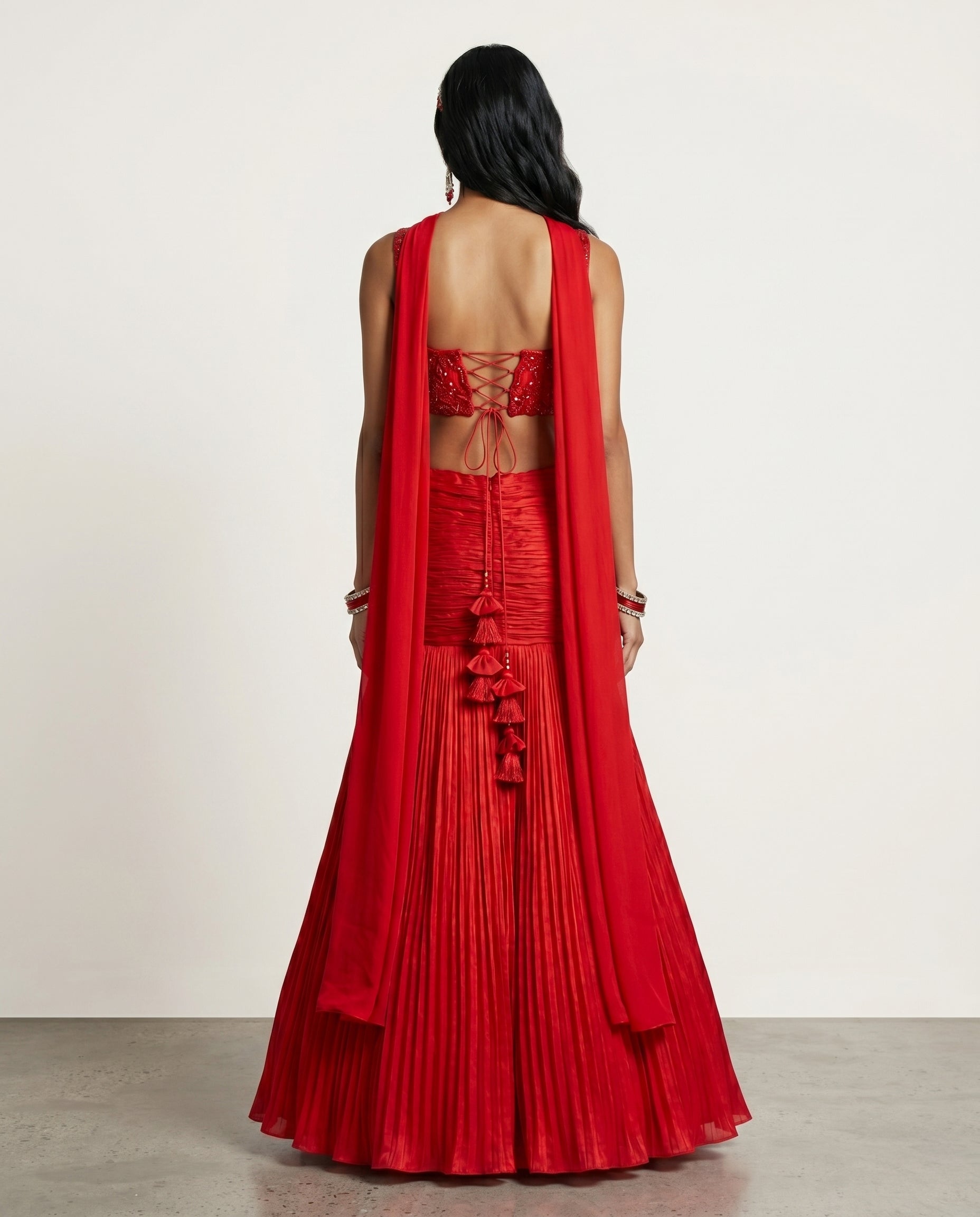 Red Soft Silk Indo Western with Moti Resham Cut Work and Cutdana Work