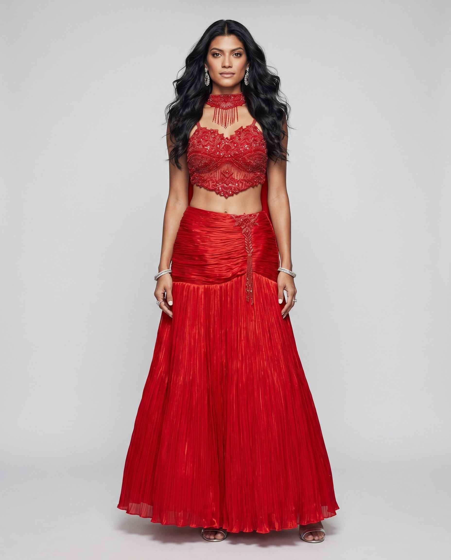 Red Soft Silk Indo Western with Moti Resham Cut Work and Cutdana Work