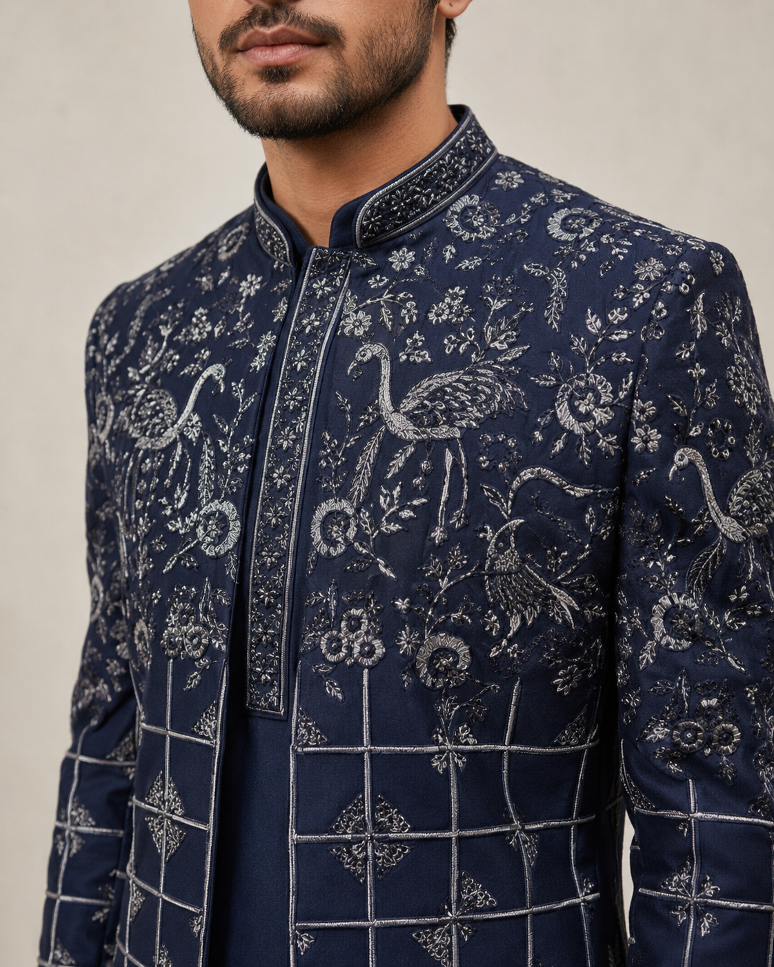 Blue Italian Fabric Indo Western for Men with All Over Machine Work