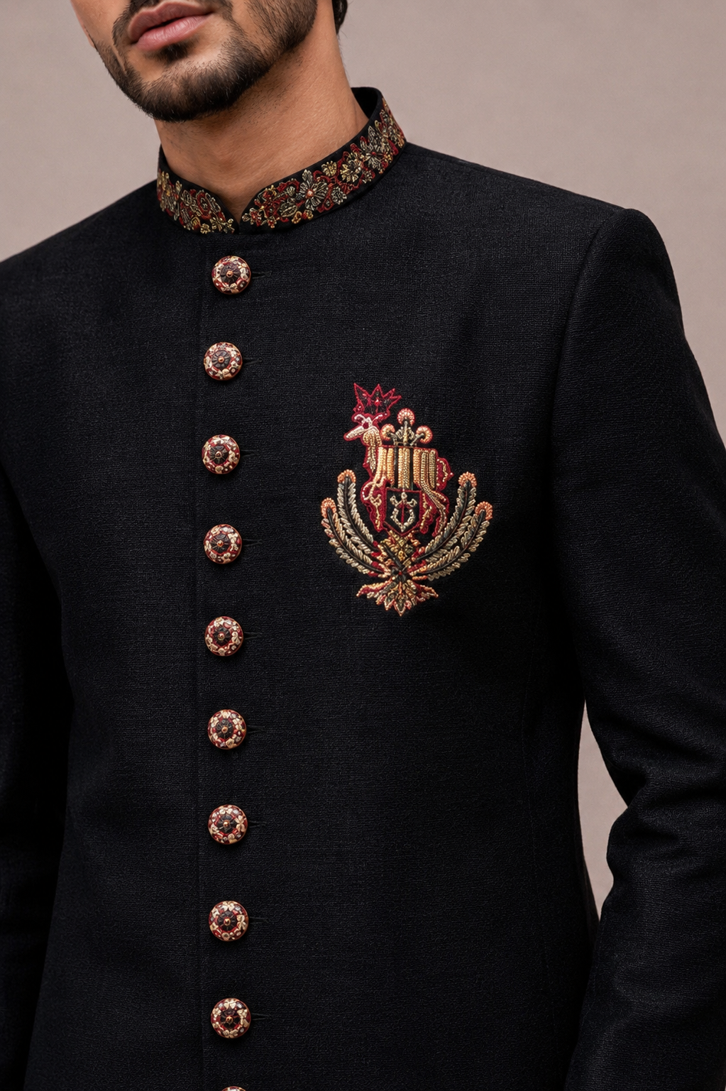 Black Silk Indo Western with Hand and Machine Embroidery Work