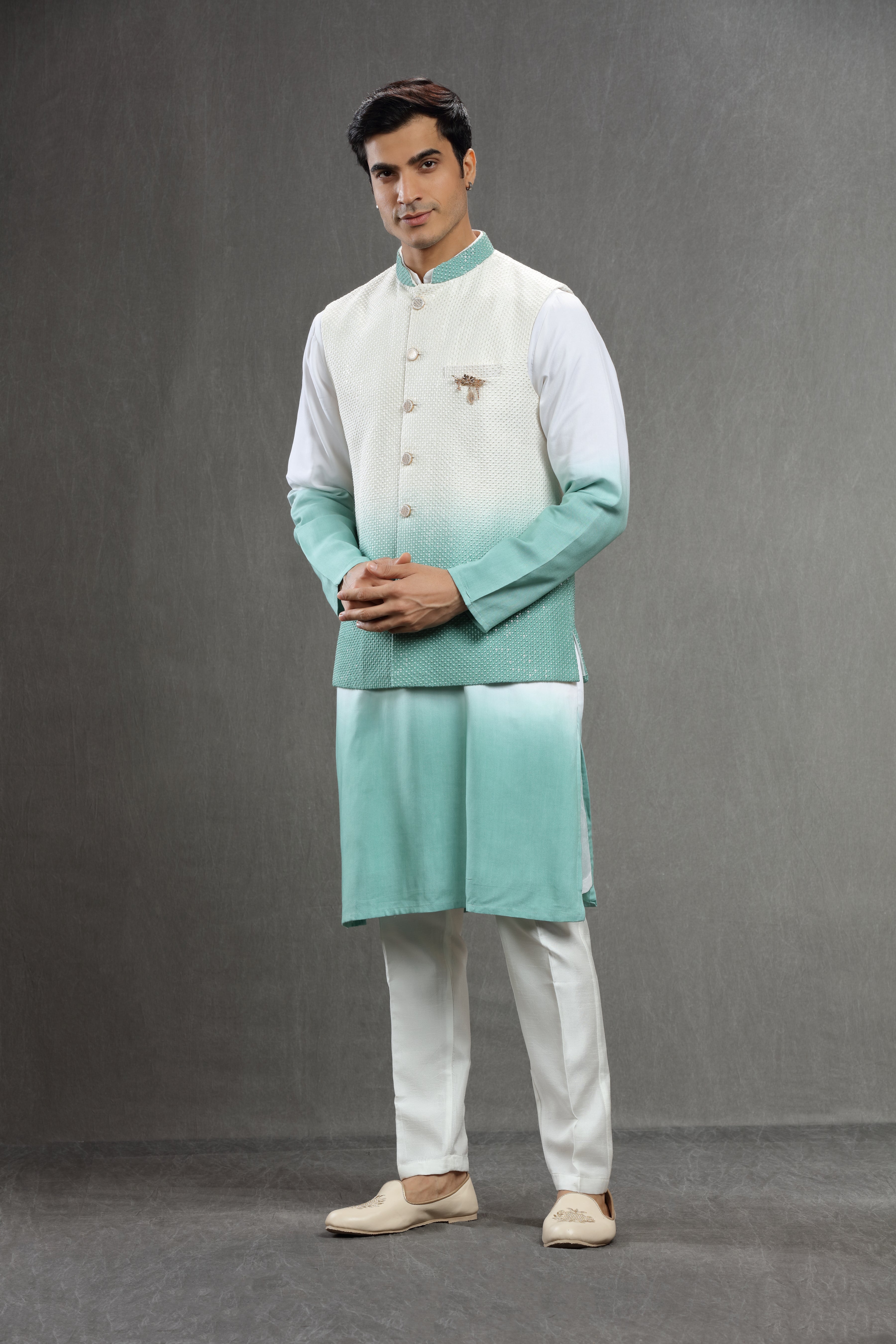 Ivory blue ombre sequins jacket set - Shreeman