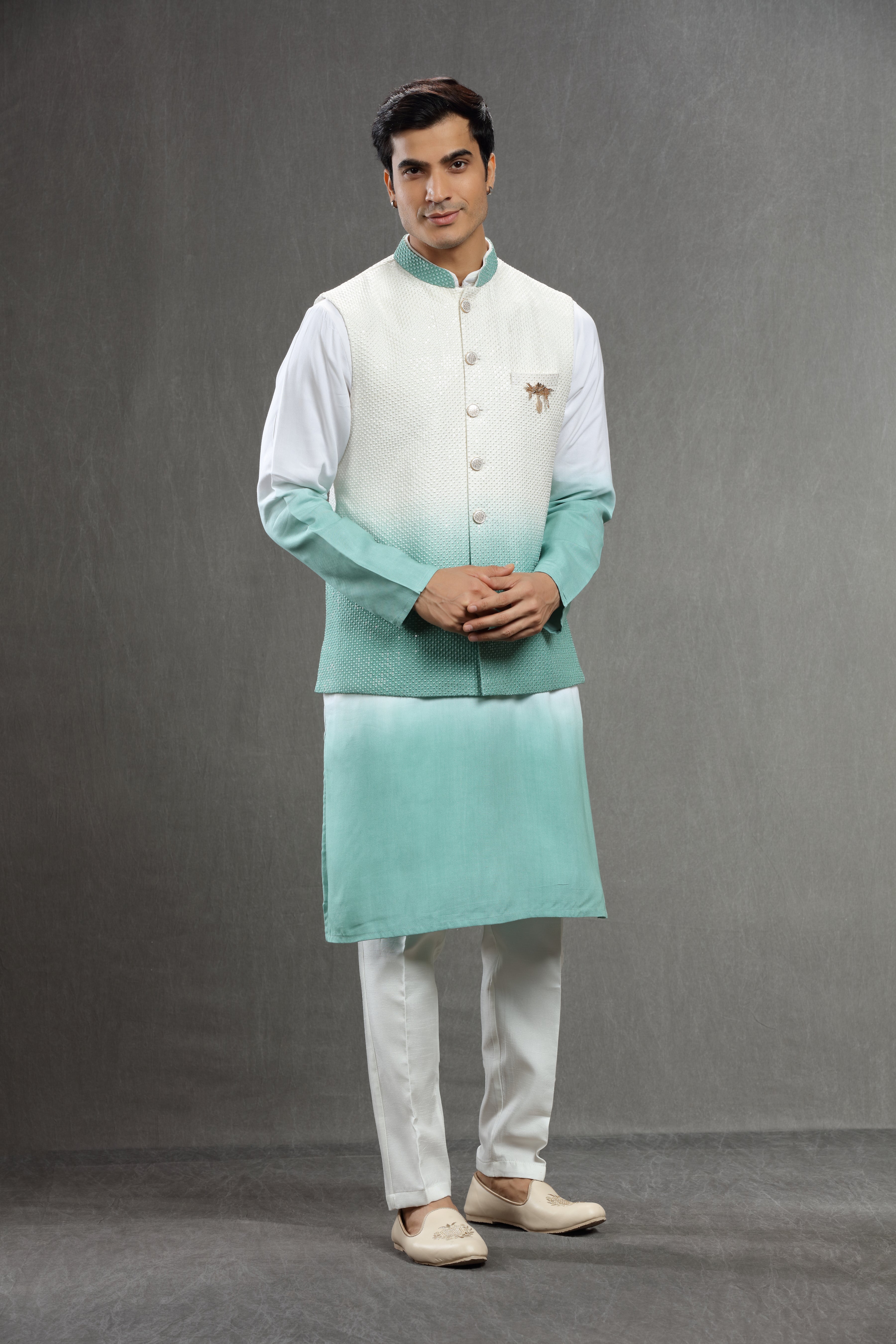 Ivory blue ombre sequins jacket set - Shreeman