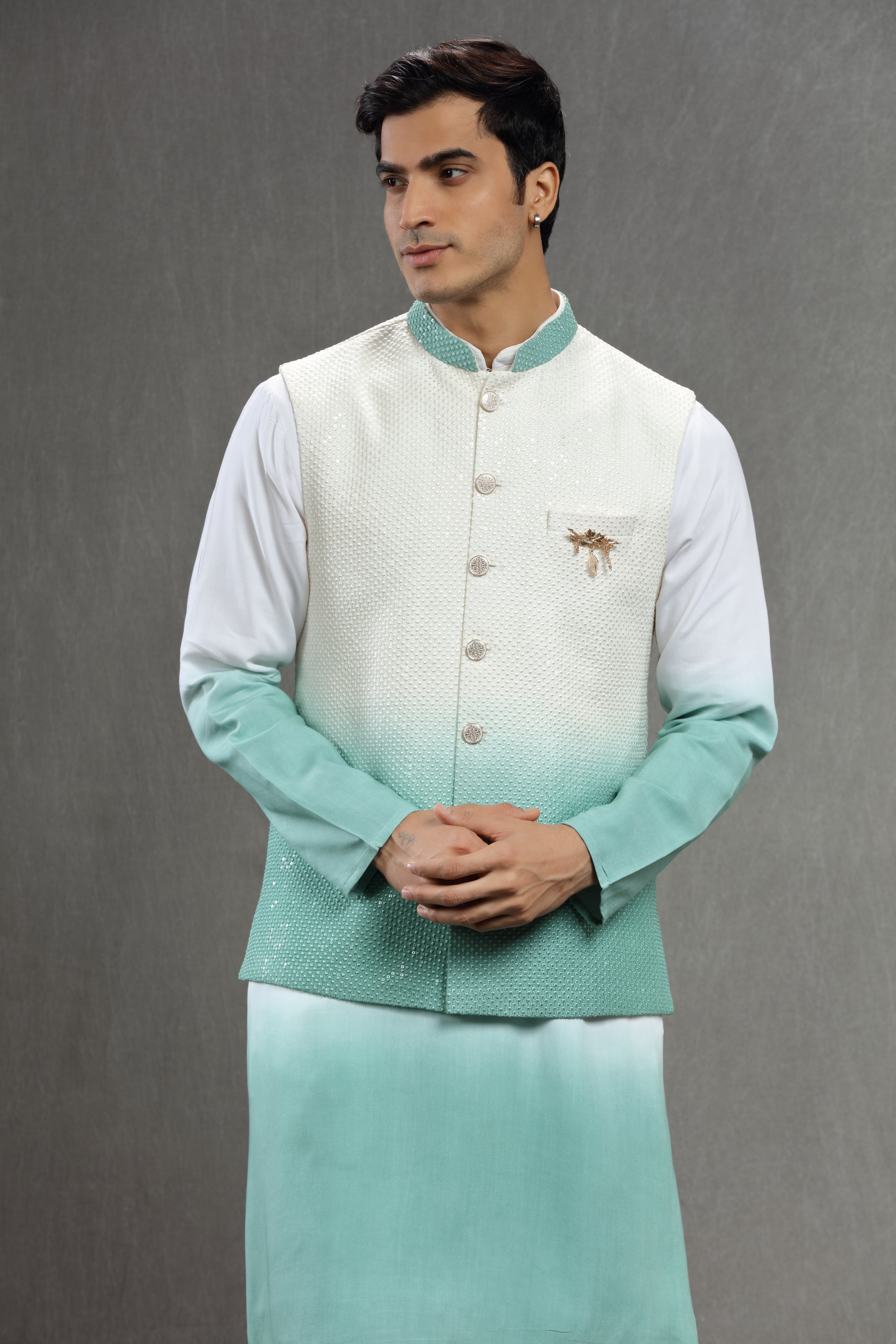 Ivory blue ombre sequins jacket set - Shreeman