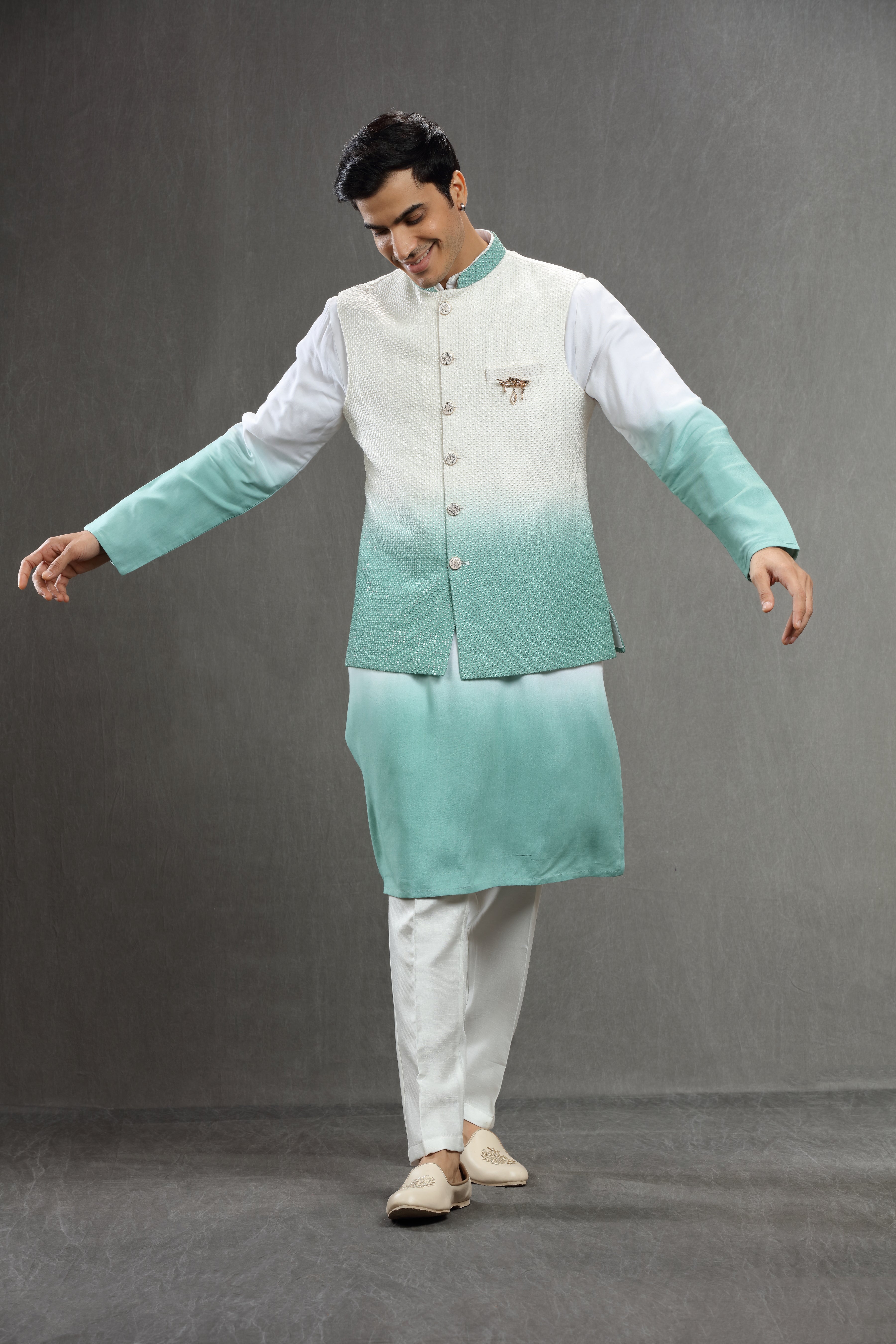 Ivory blue ombre sequins jacket set - Shreeman