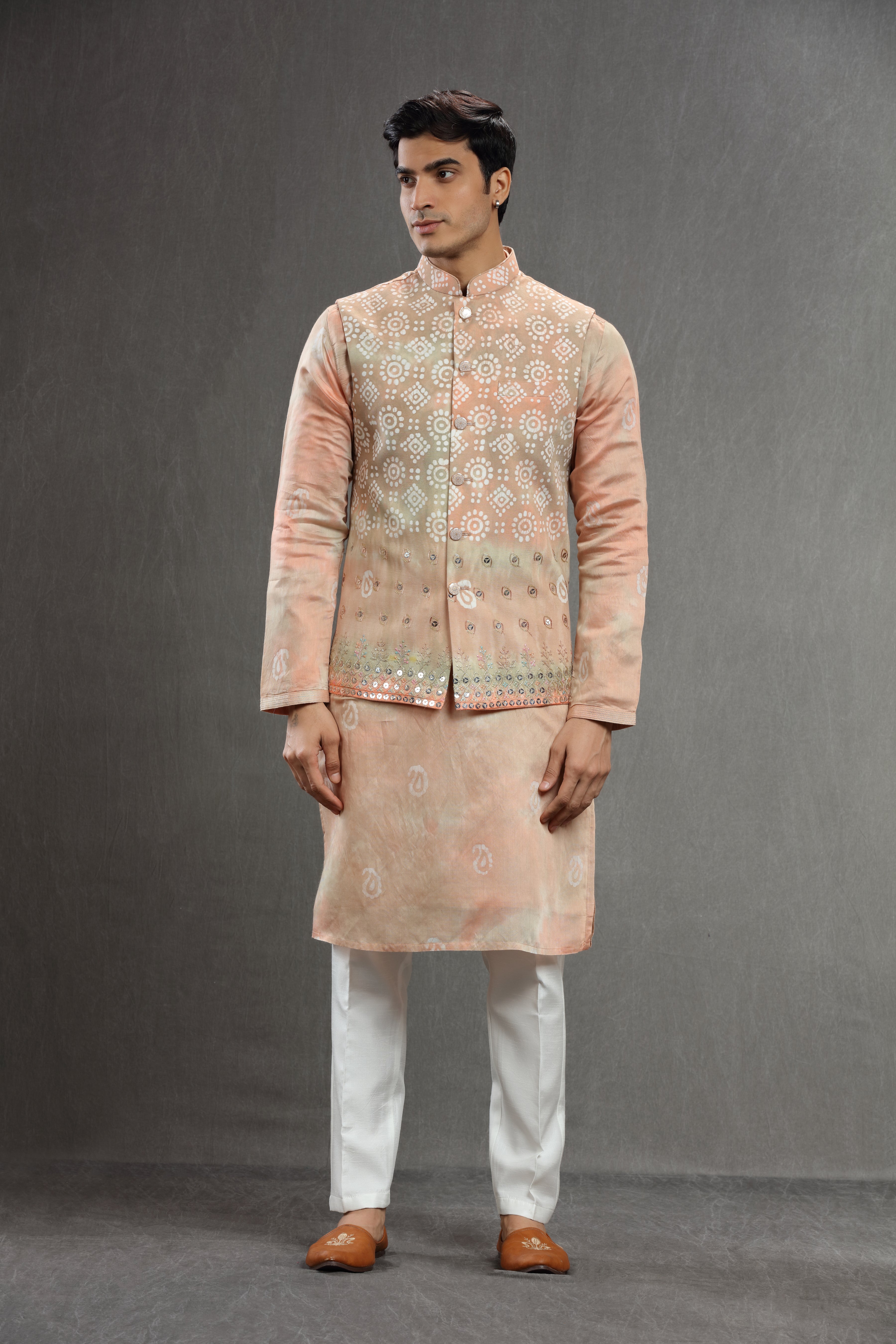 peach  silk Batik embroidered jacket set - Shreeman