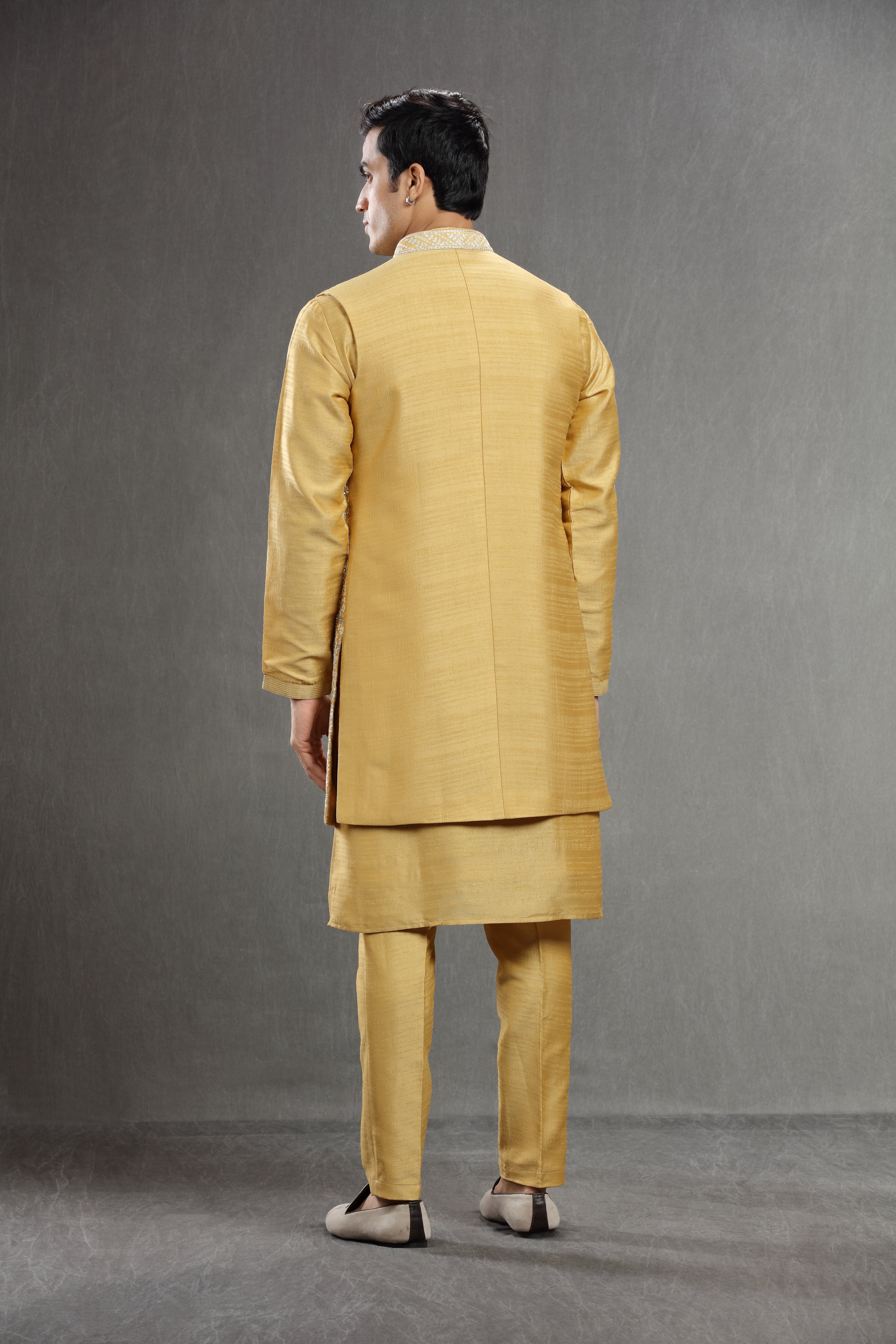 Yellow long jacket set wih mirror work - Shreeman