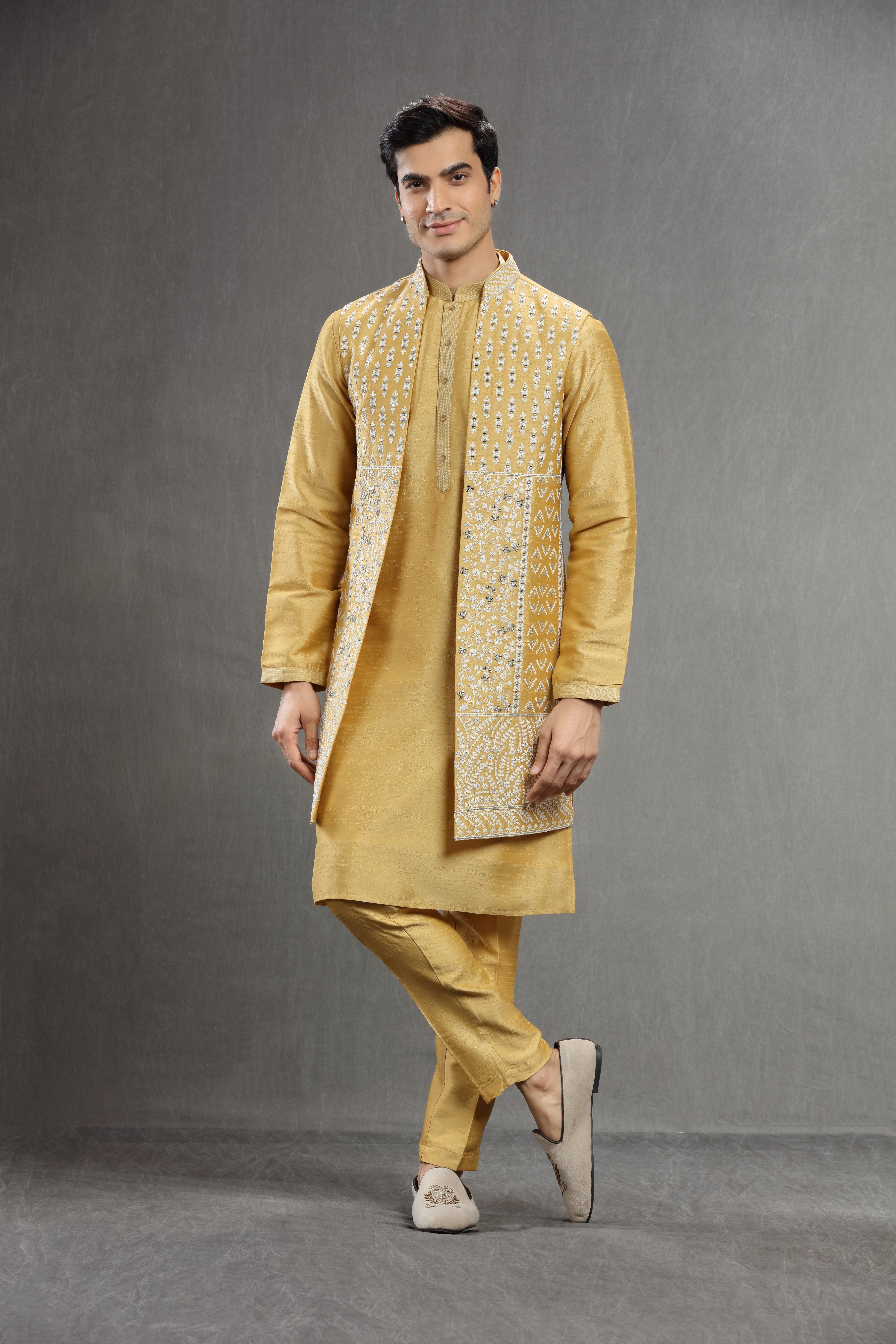 Yellow long jacket set wih mirror work - Shreeman