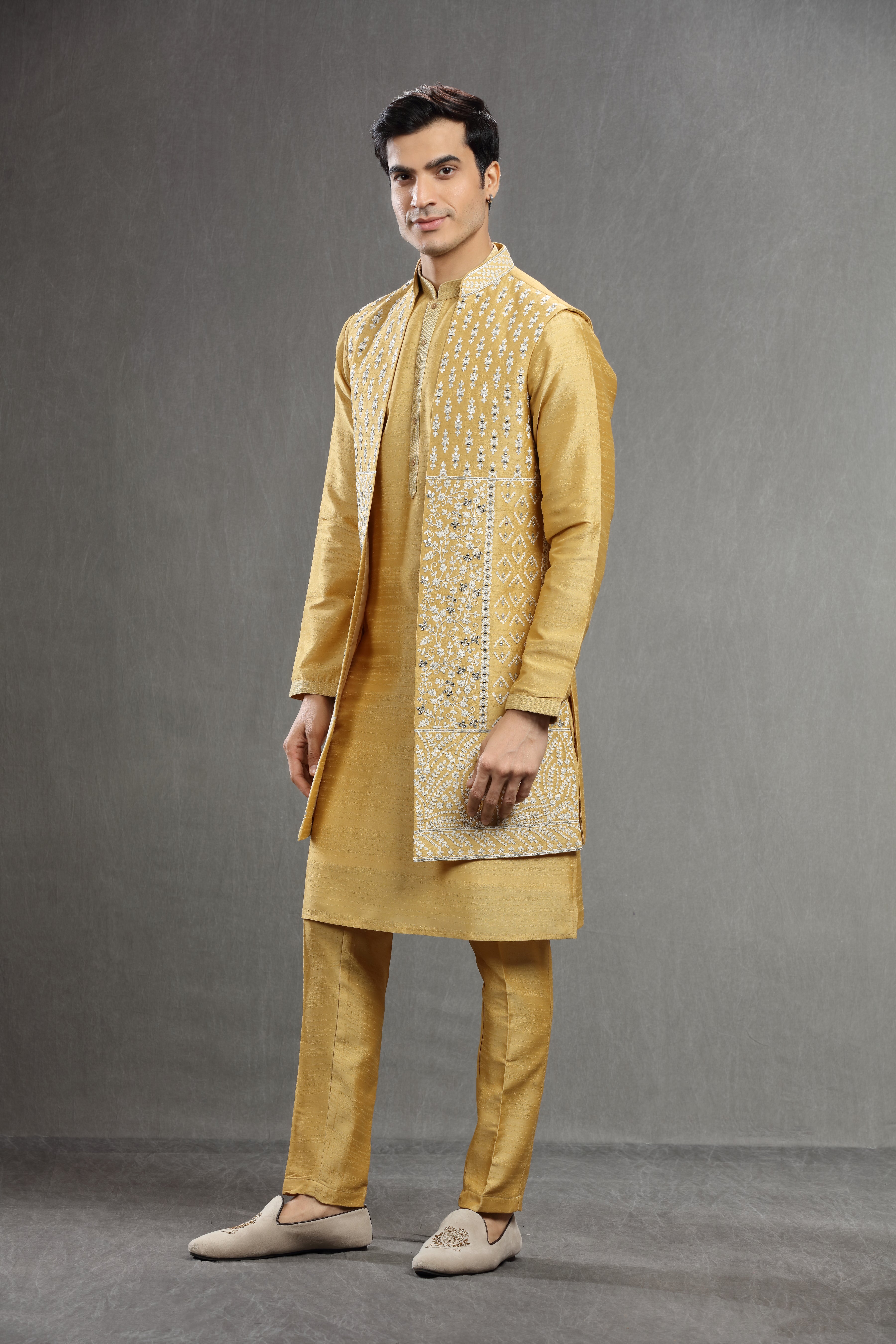 Yellow long jacket set wih mirror work - Shreeman