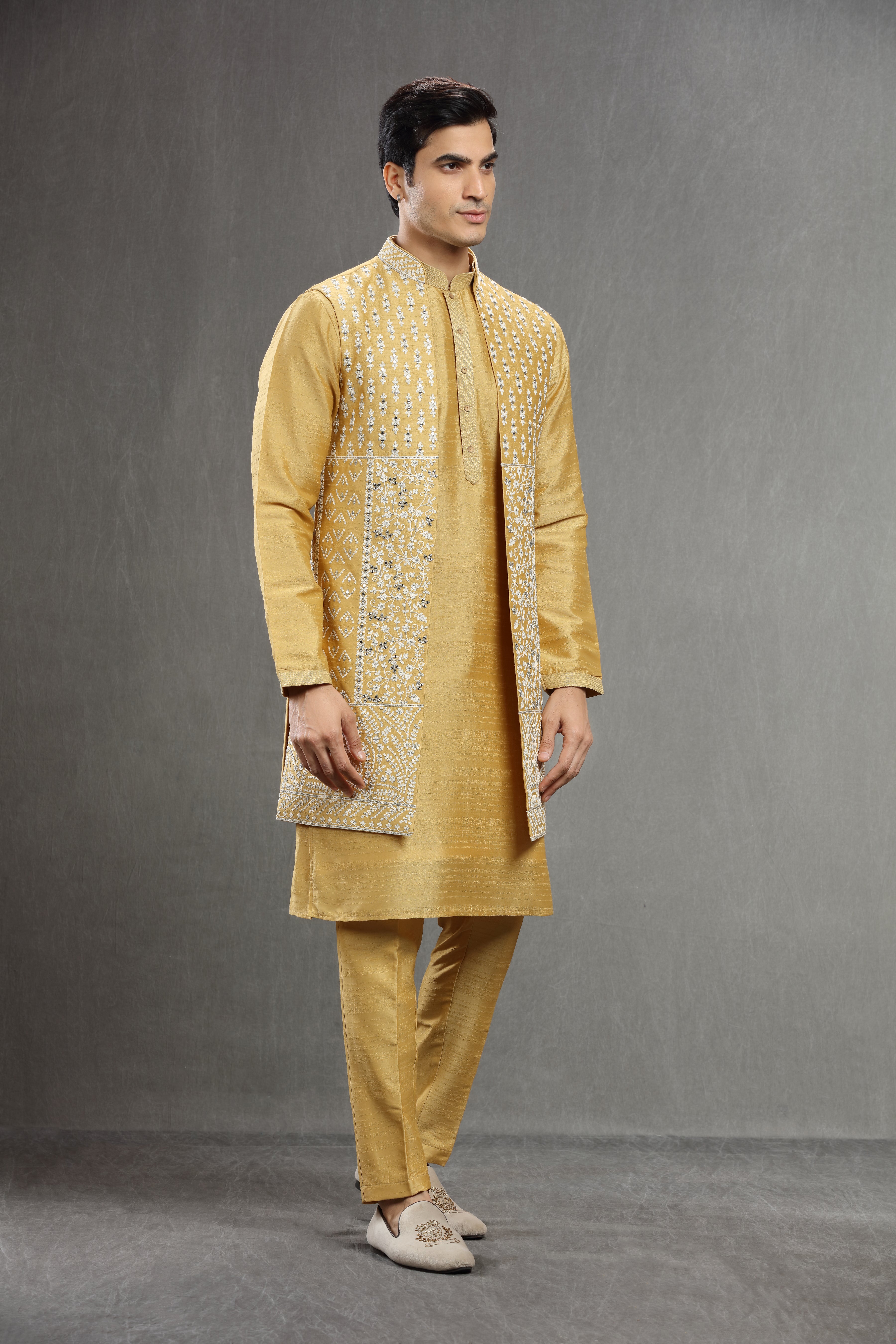 Yellow long jacket set wih mirror work - Shreeman