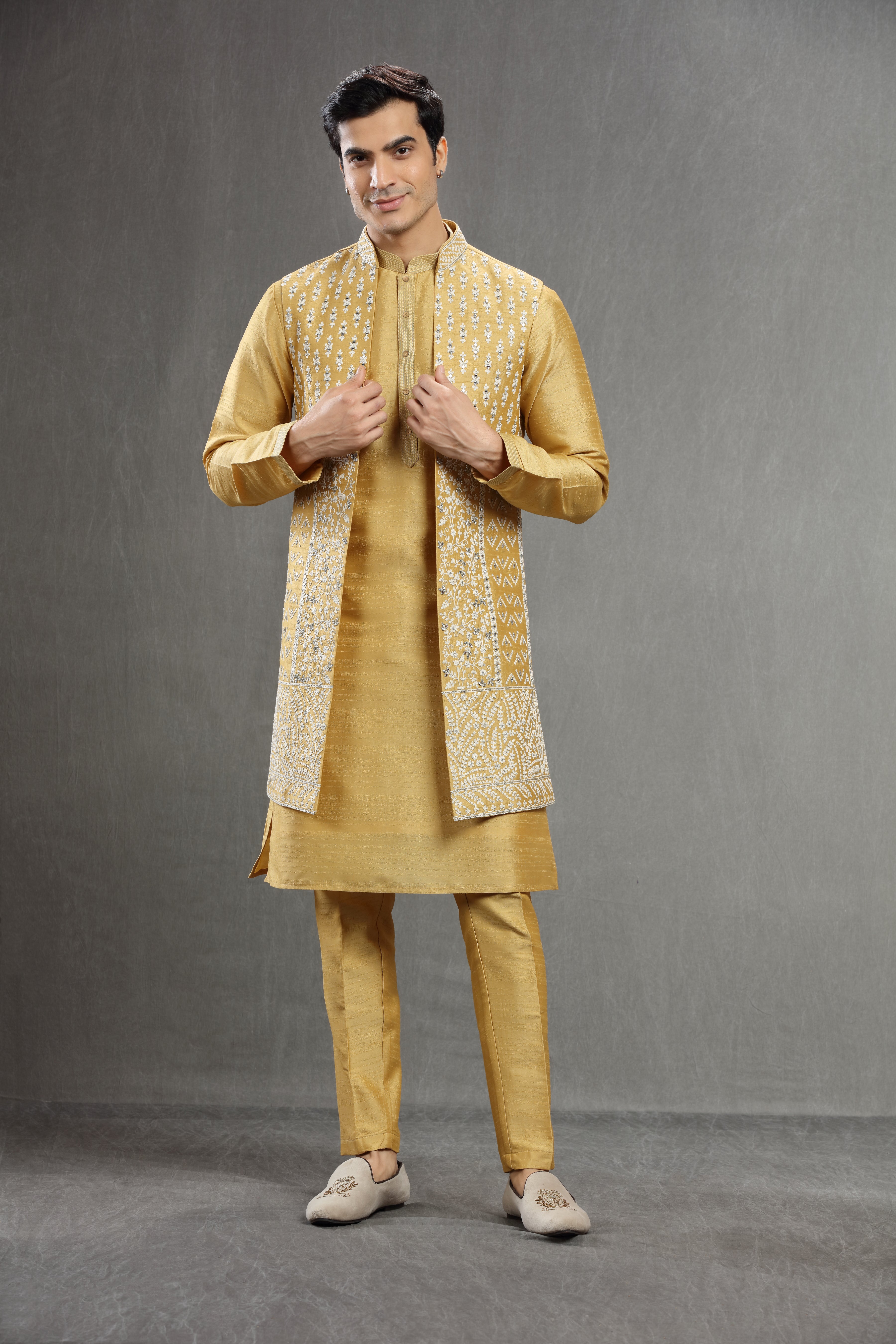 Yellow long jacket set wih mirror work - Shreeman