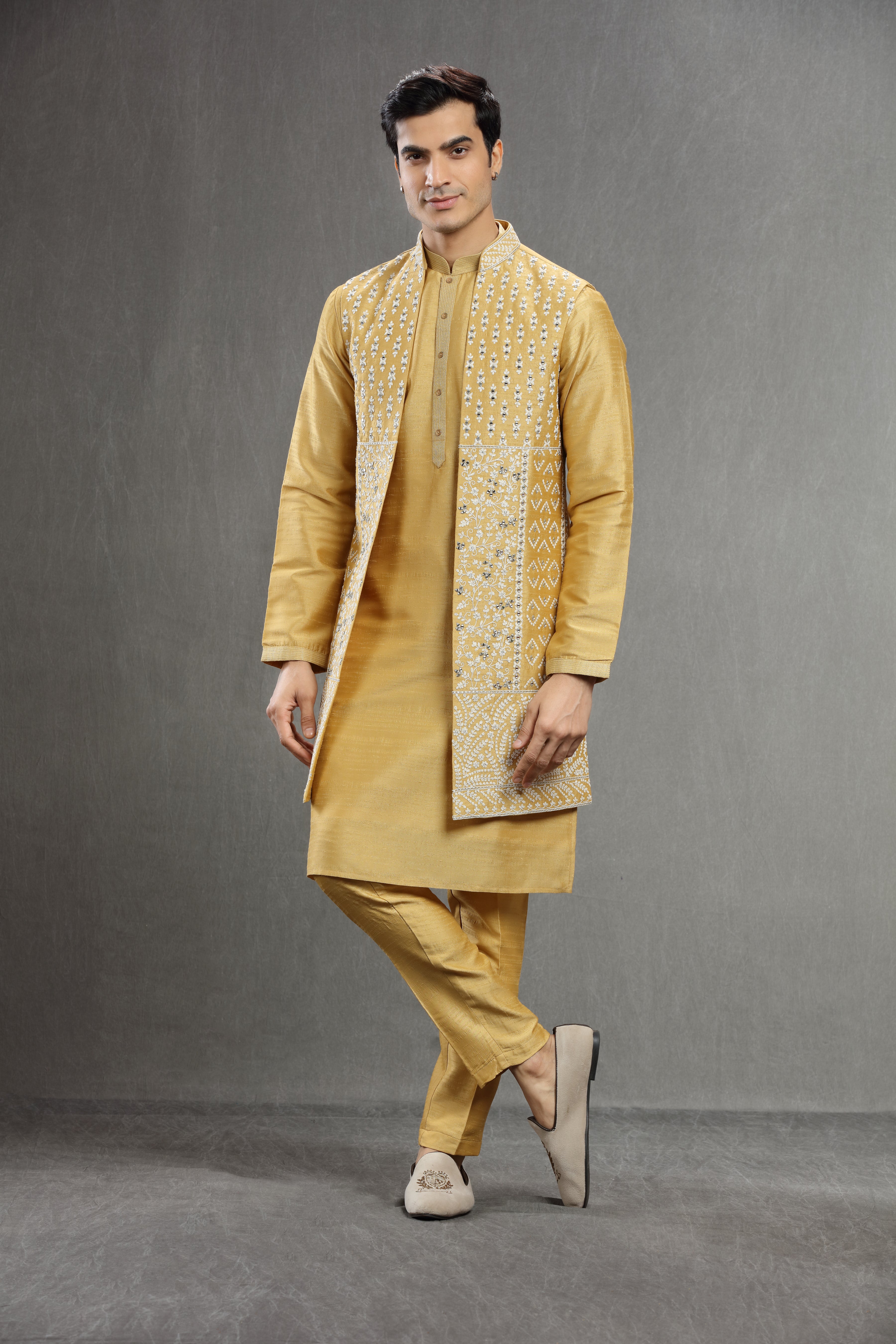 Yellow long jacket set wih mirror work - Shreeman