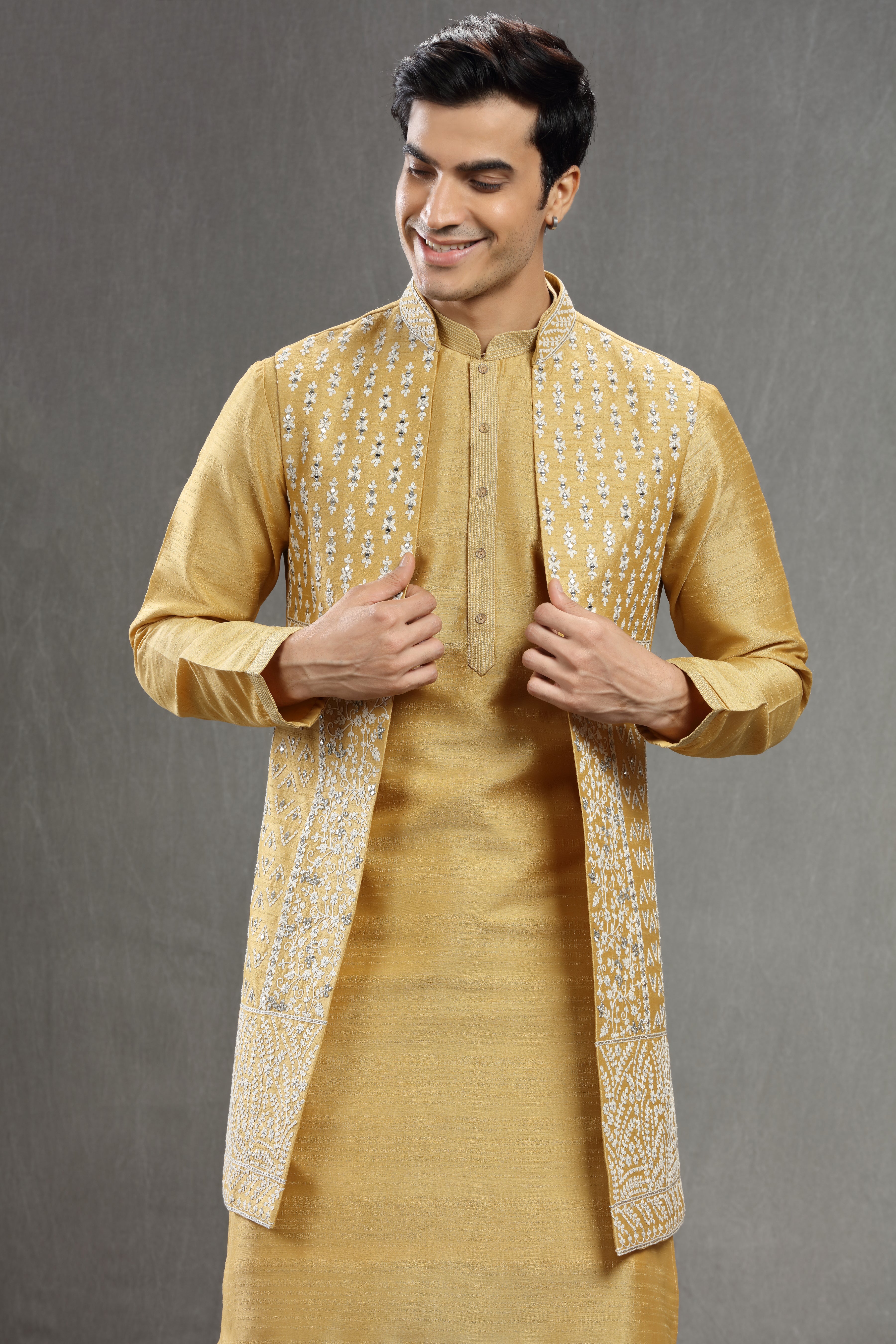 Yellow long jacket set wih mirror work - Shreeman