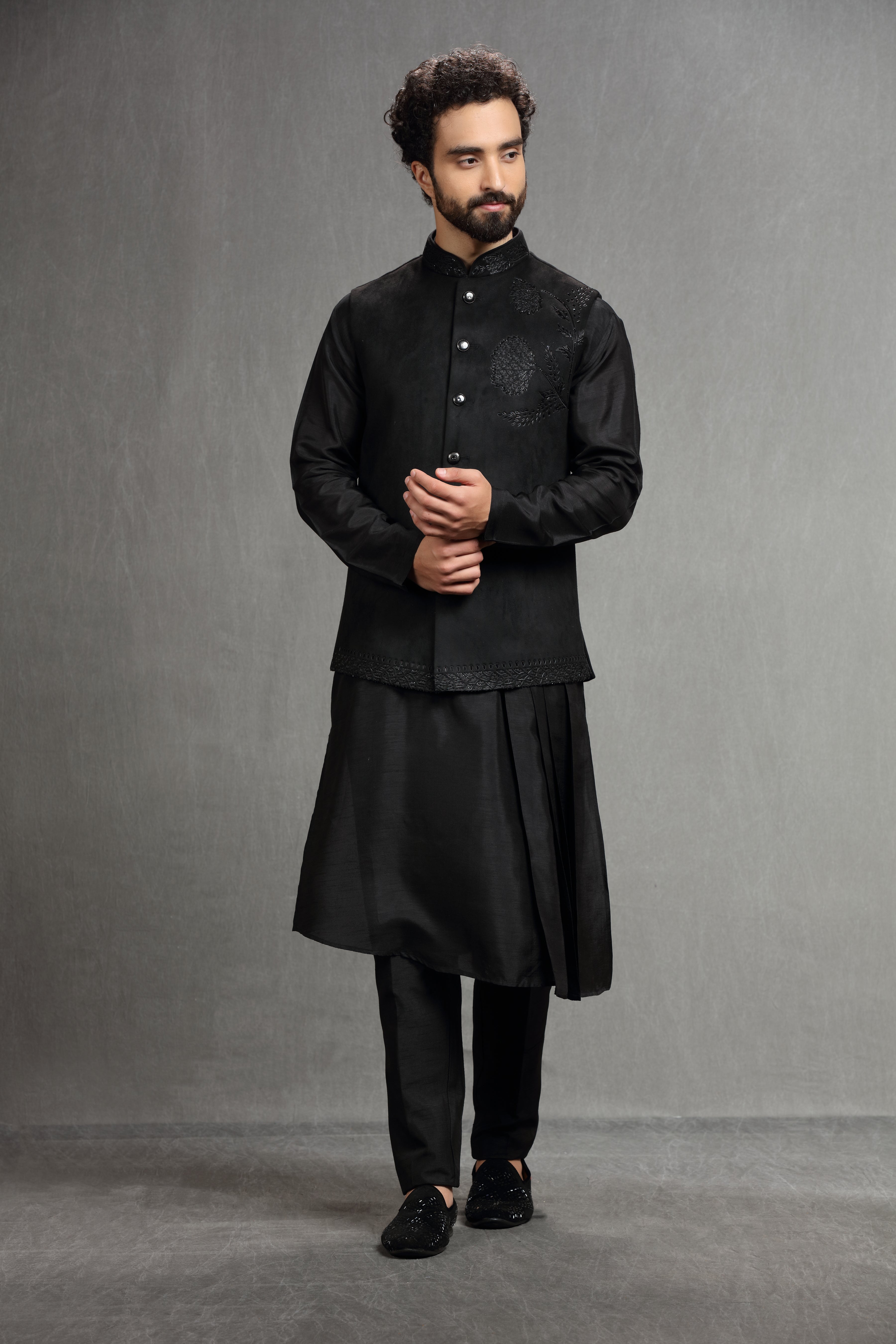 Black hand embroidered suede jacket set - Shreeman