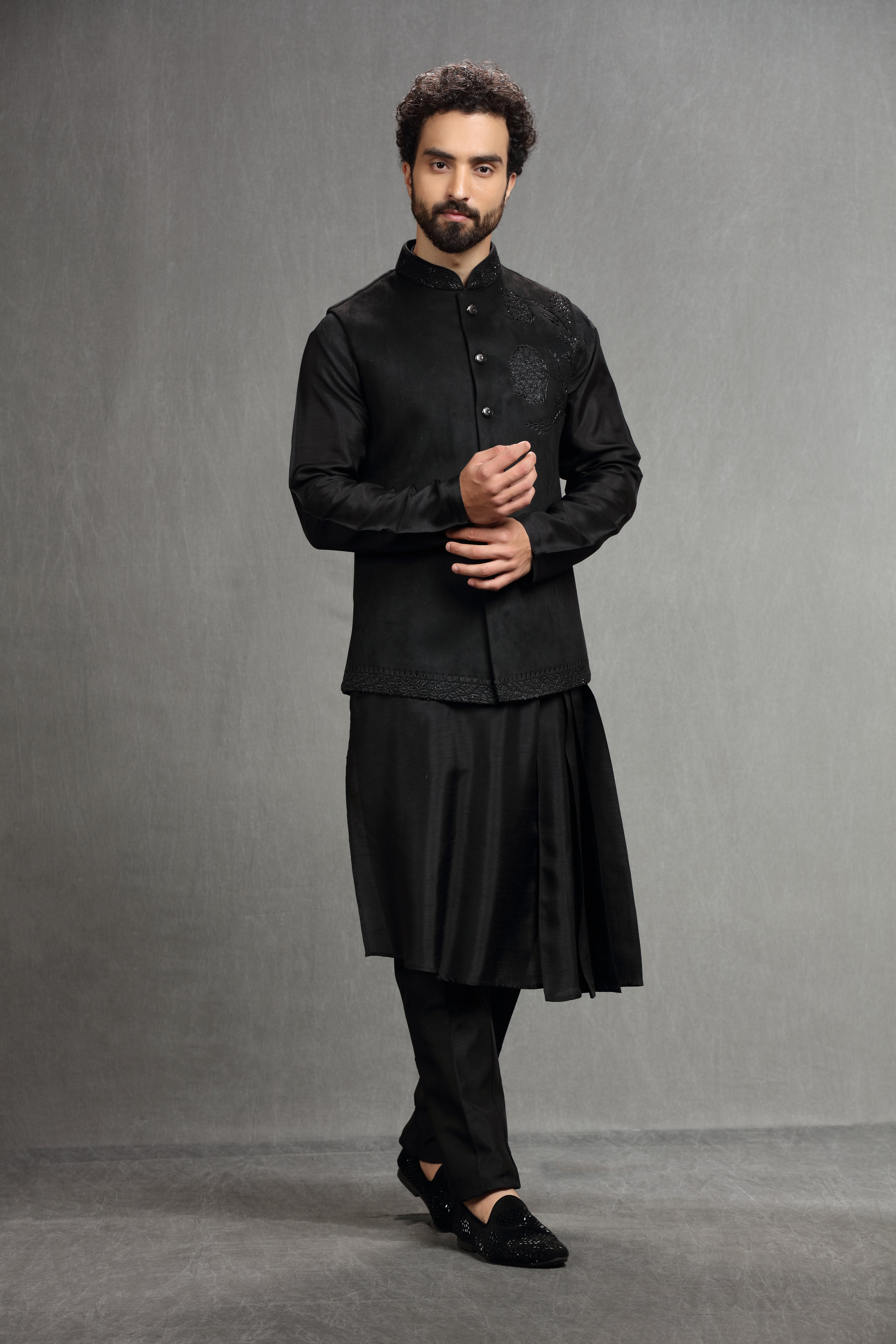 Black hand embroidered suede jacket set - Shreeman