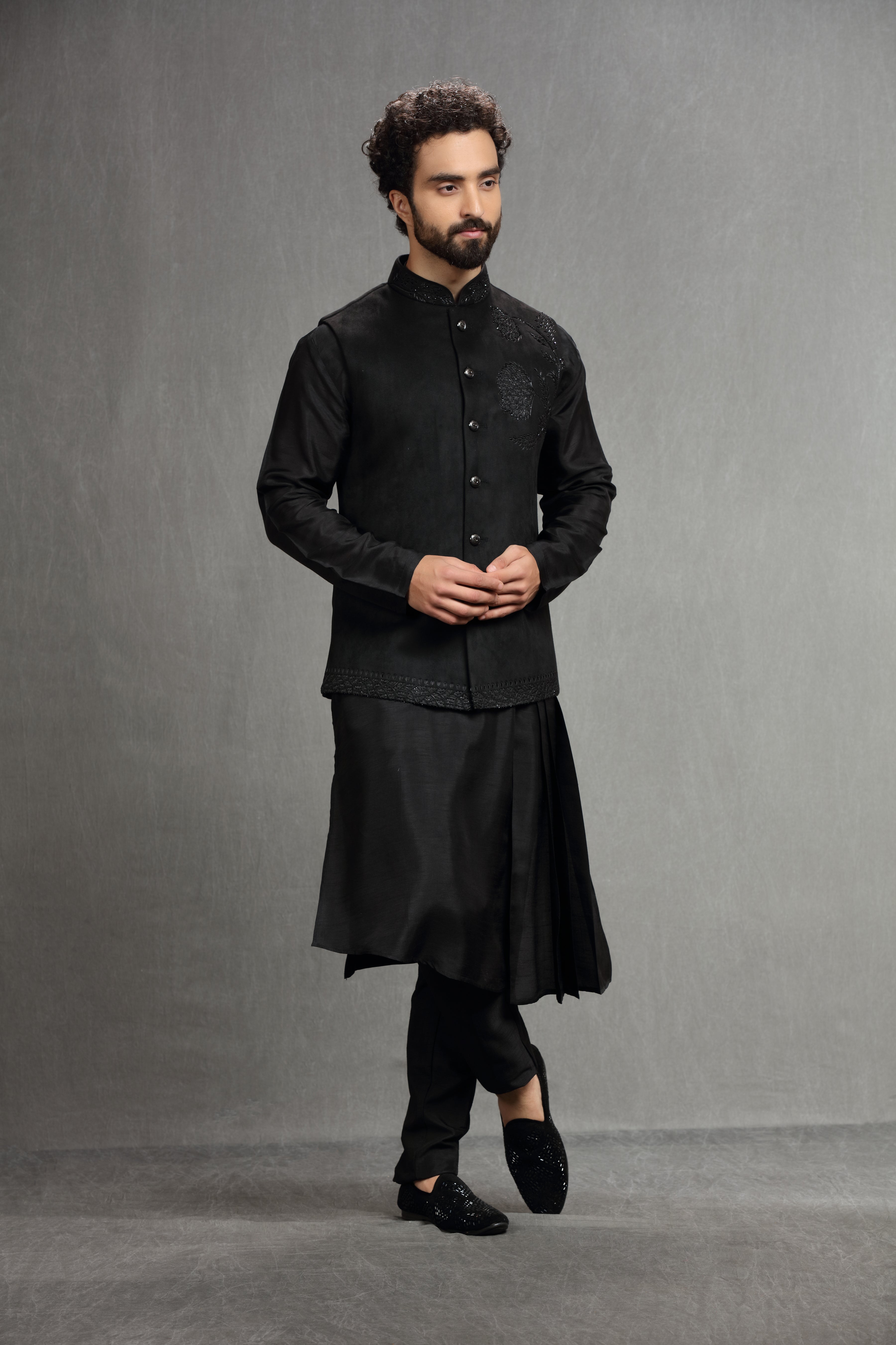 Black hand embroidered suede jacket set - Shreeman
