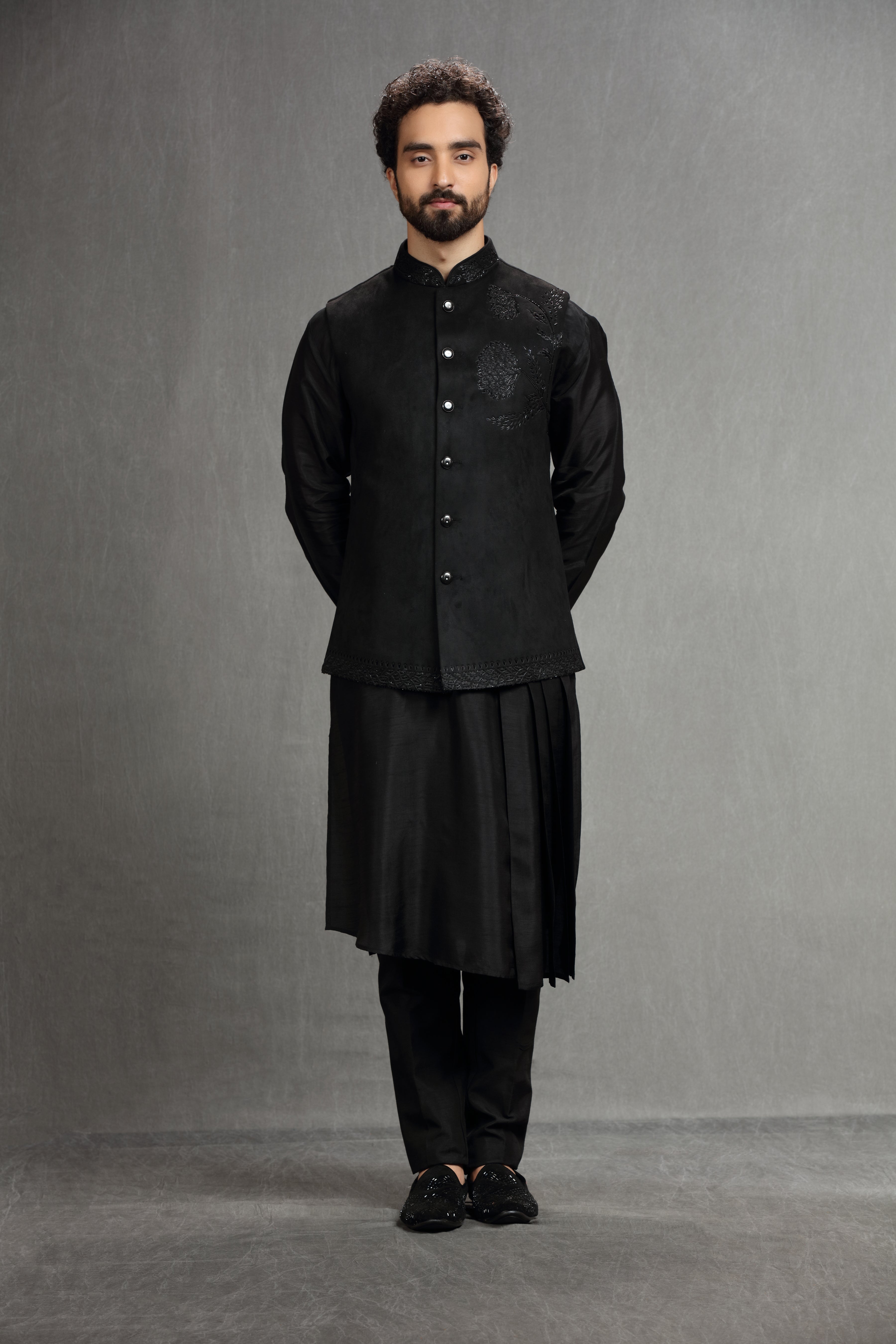 Black hand embroidered suede jacket set - Shreeman