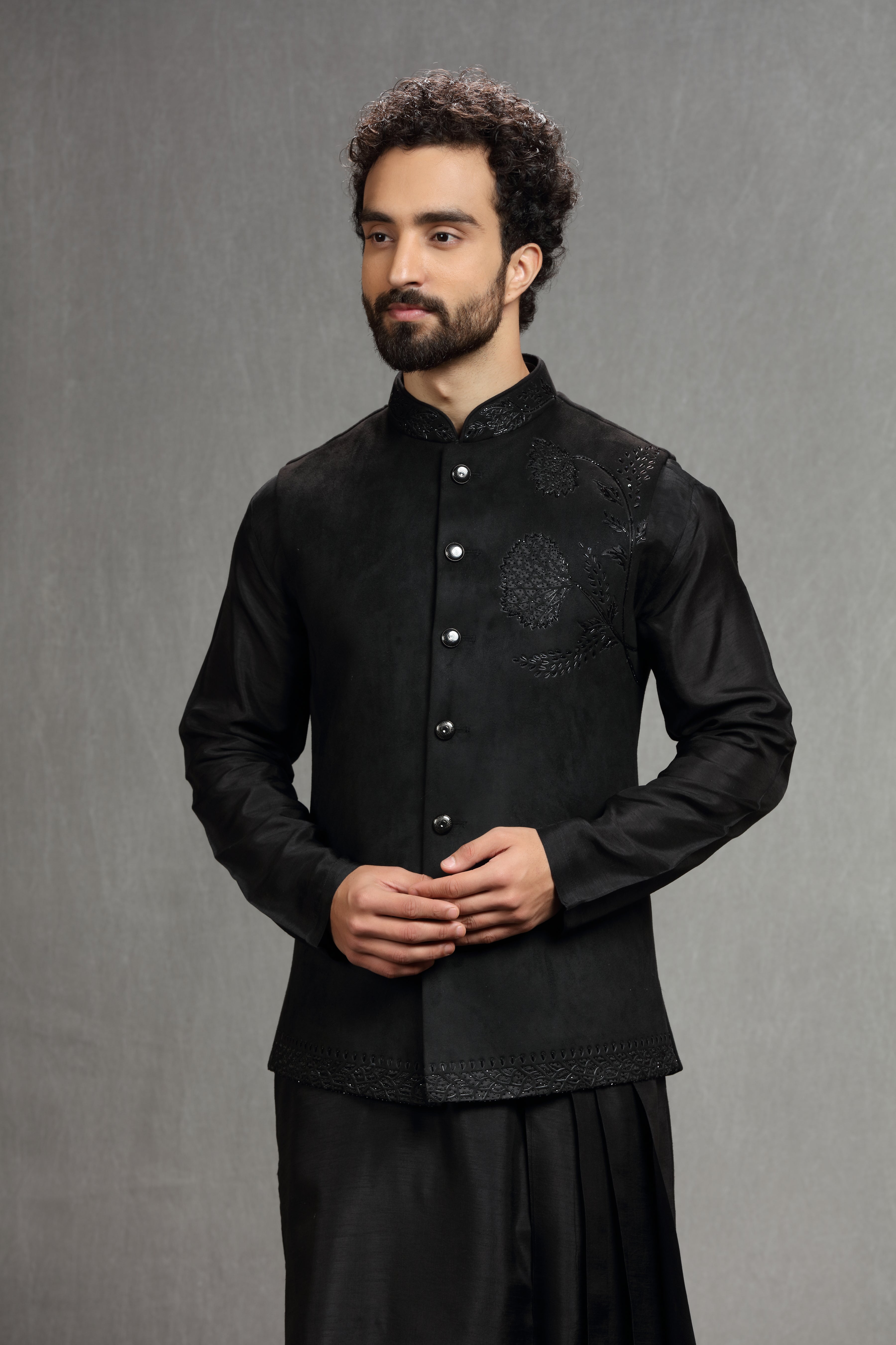 Black hand embroidered suede jacket set - Shreeman