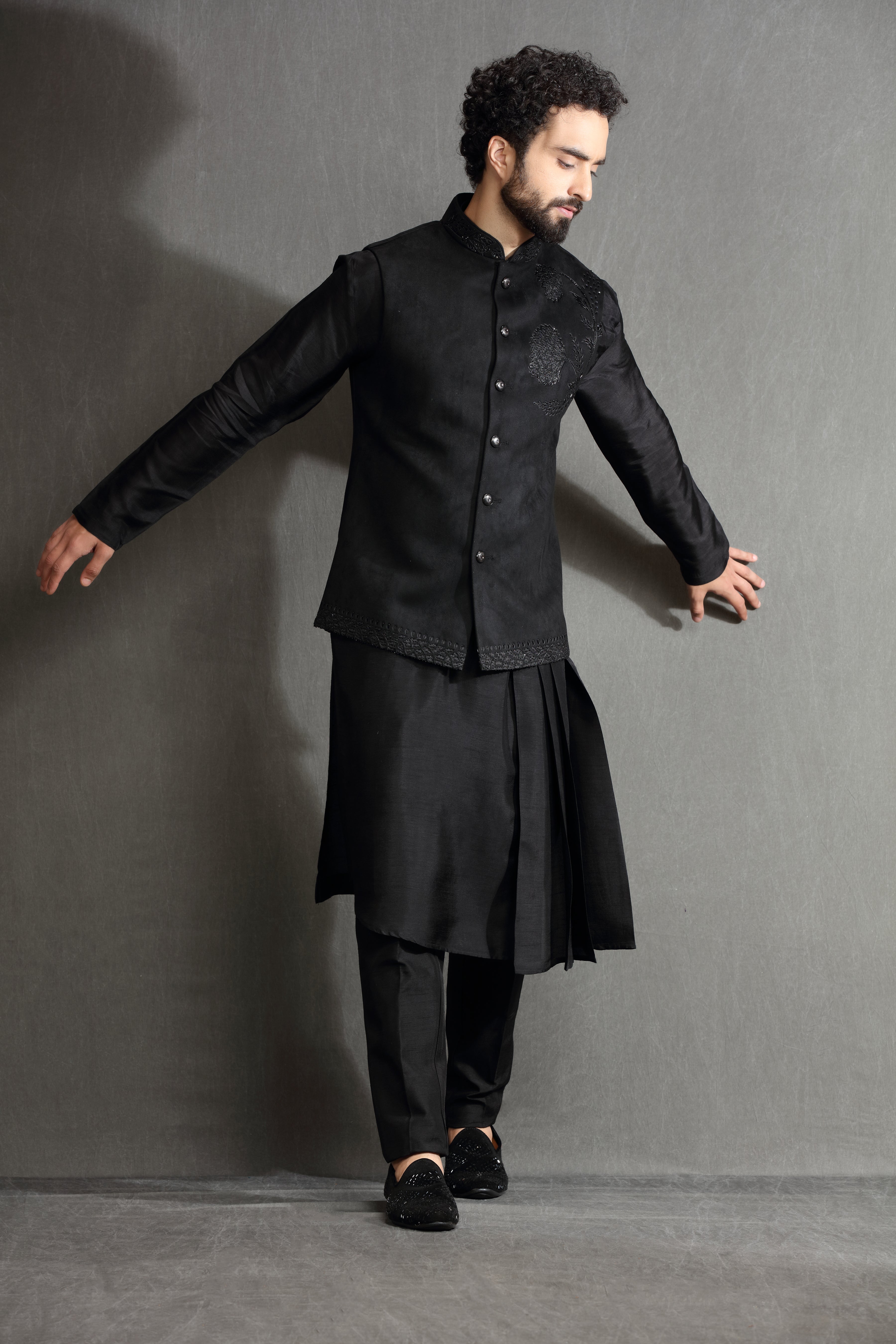 Black hand embroidered suede jacket set - Shreeman