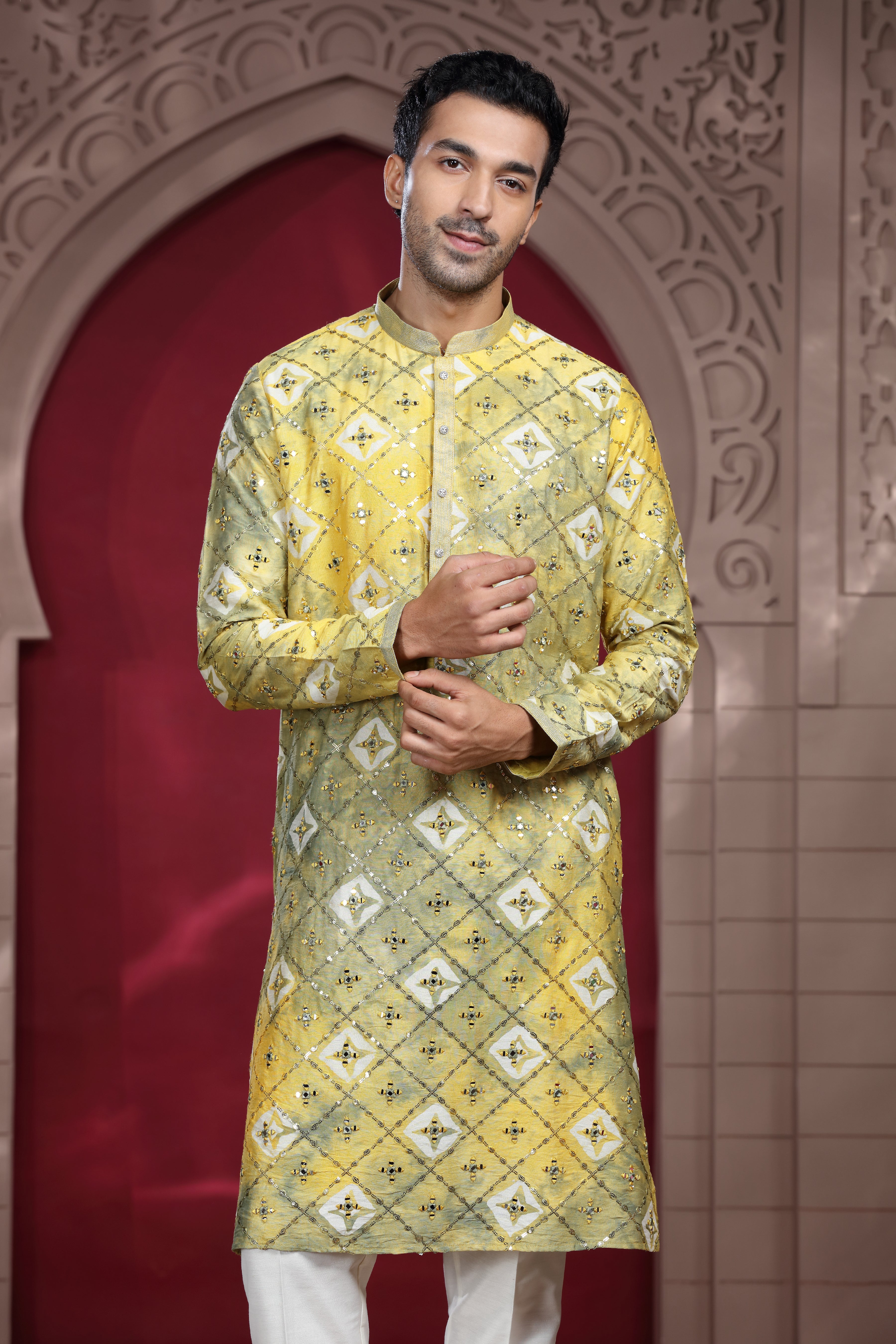 Yellow Silk Kurta Set with Resham Thread & Sequence Work