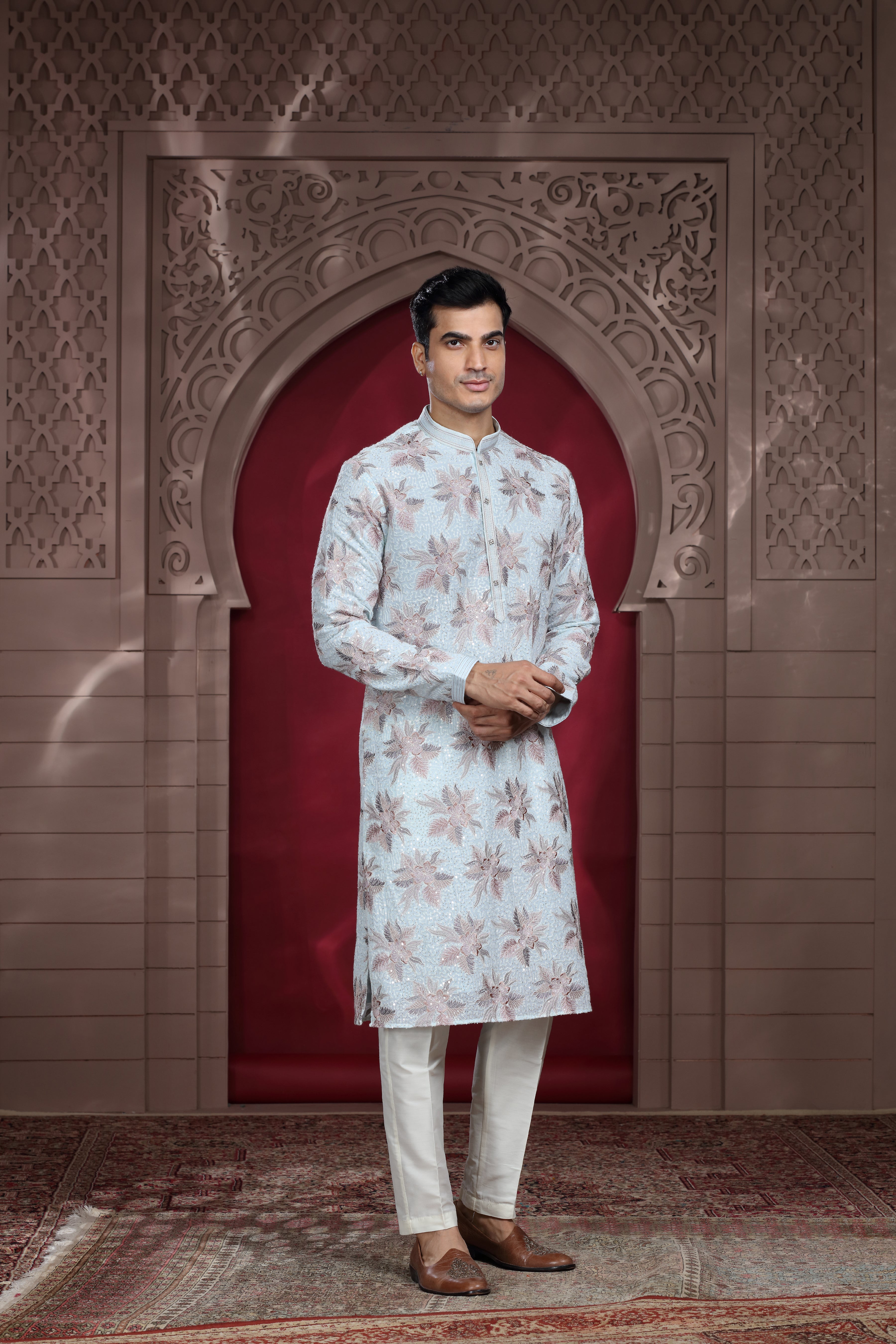 Ivory Silk Kurta Set with Thread Embroidery & Sequence Work