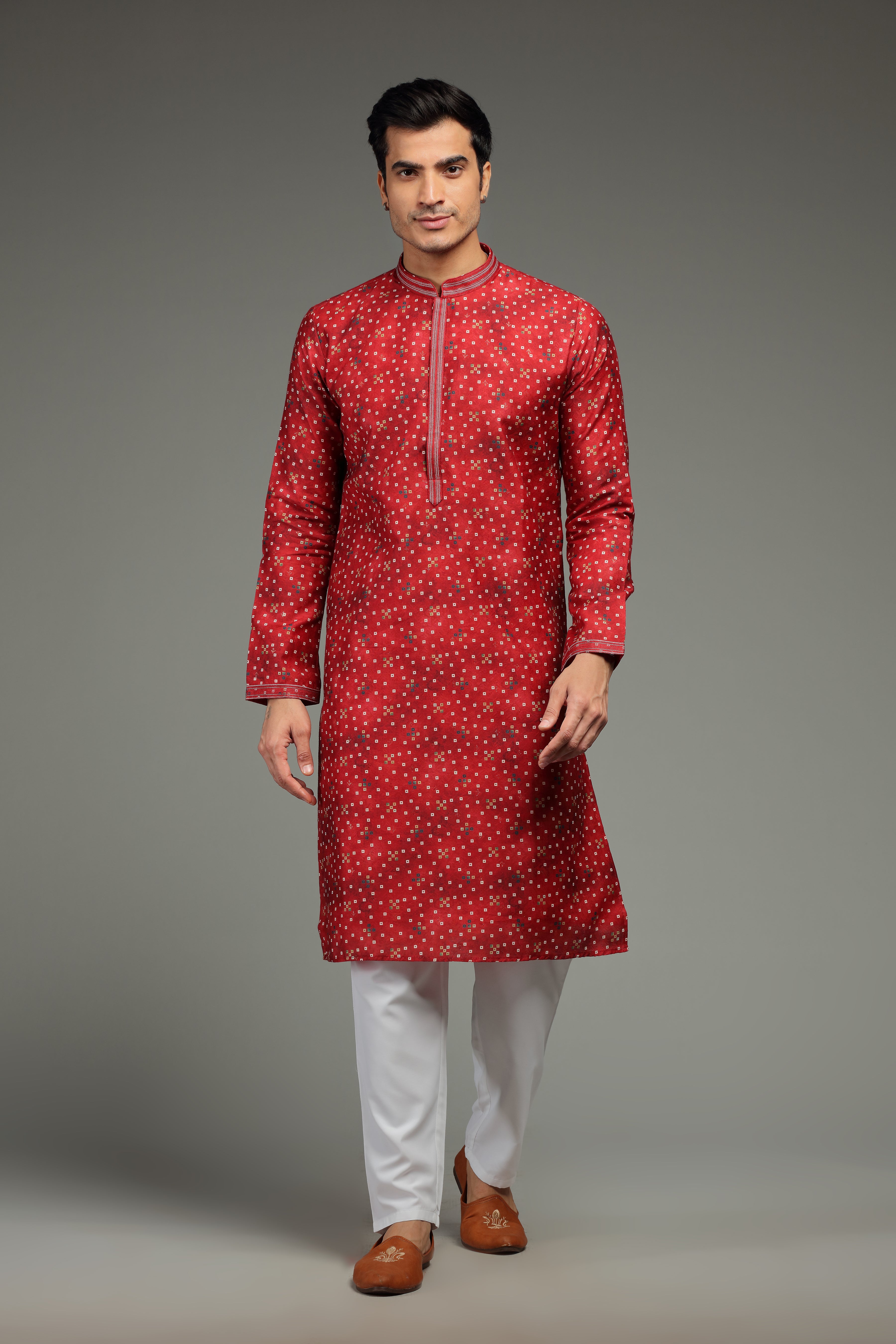 Red Kurta Set with Bandhani Print - Shreeman