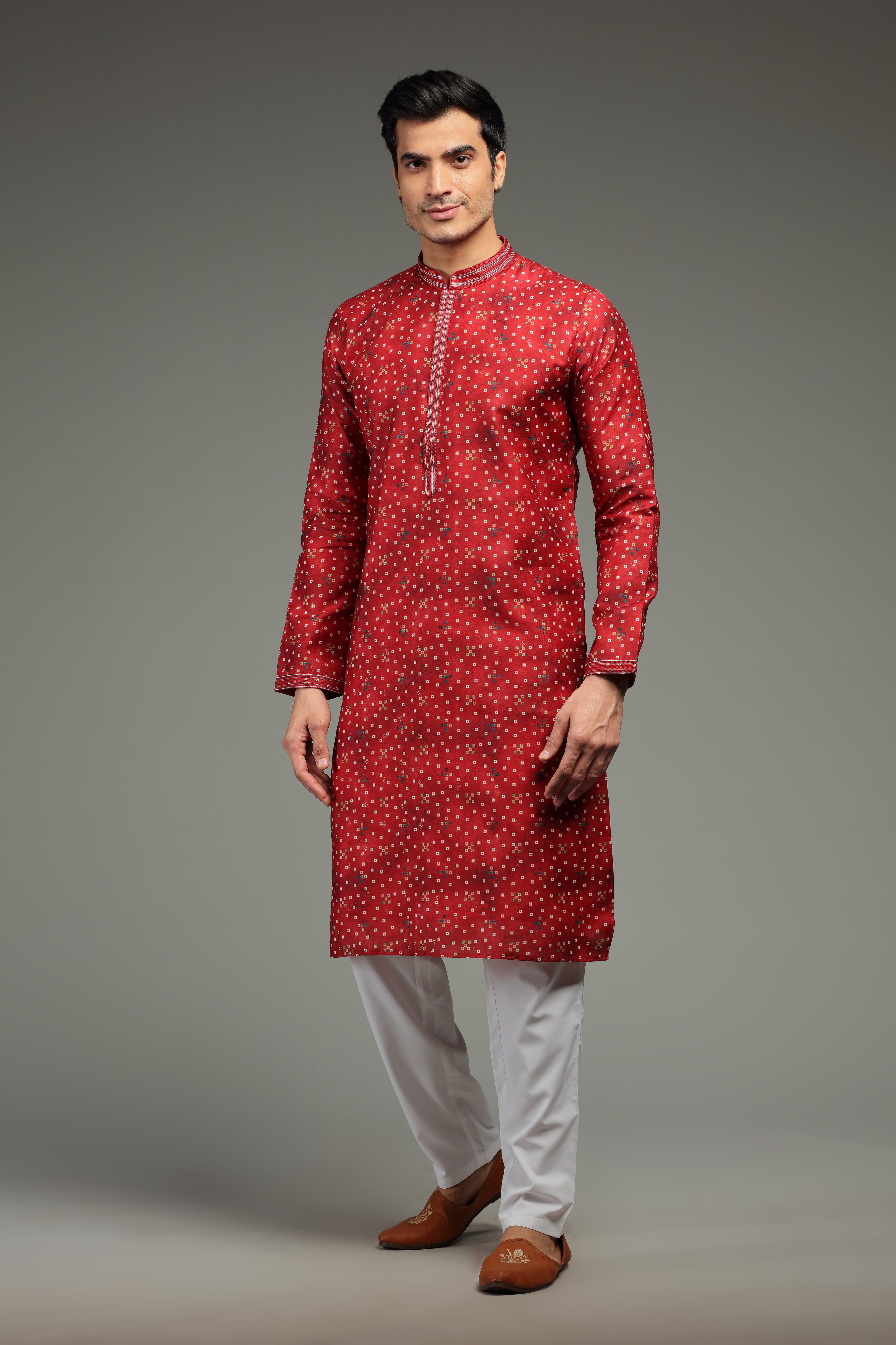 Red Kurta Set with Bandhani Print - Shreeman