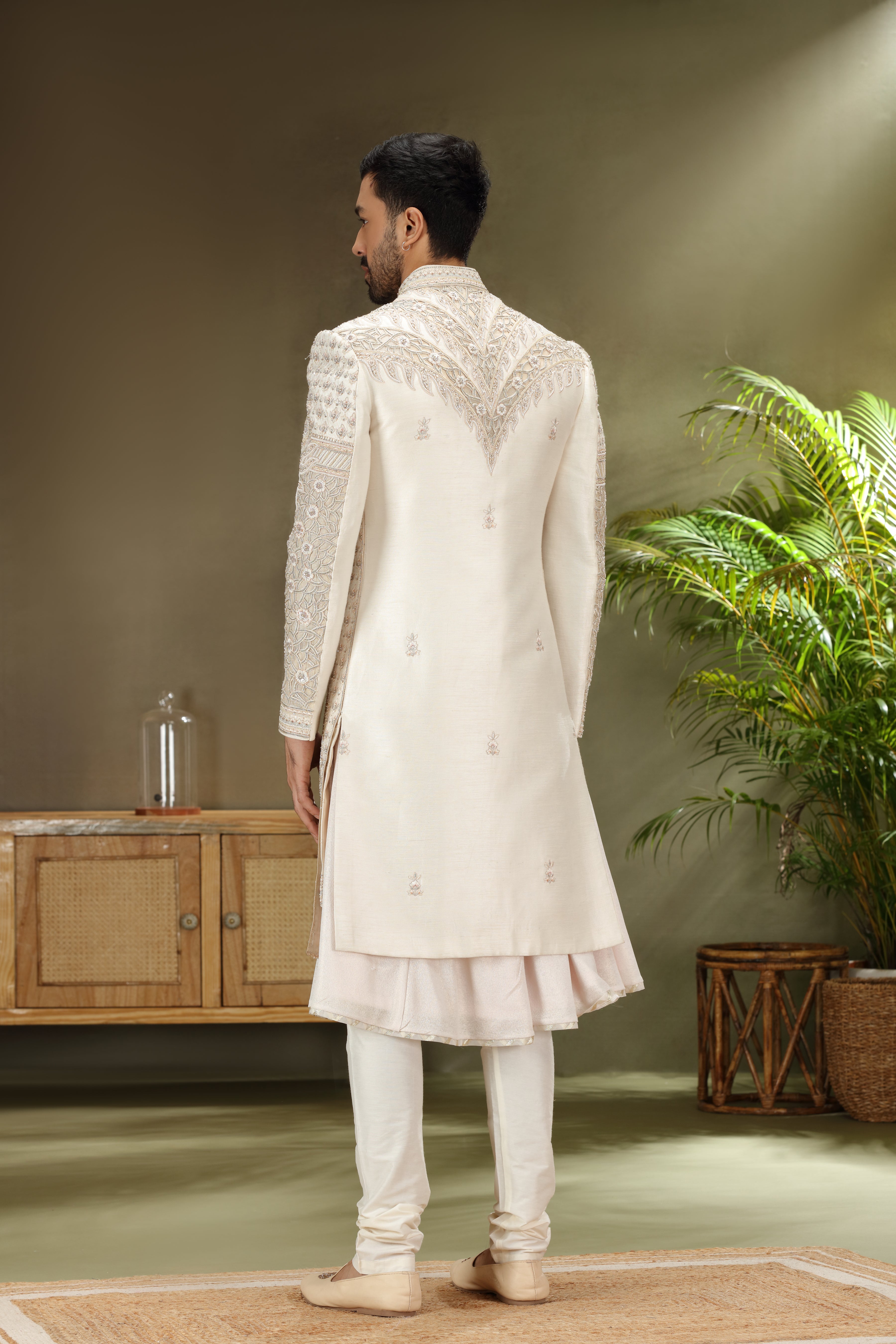 Ivory Silk Sherwani with Resham Zardoshi Aari Work