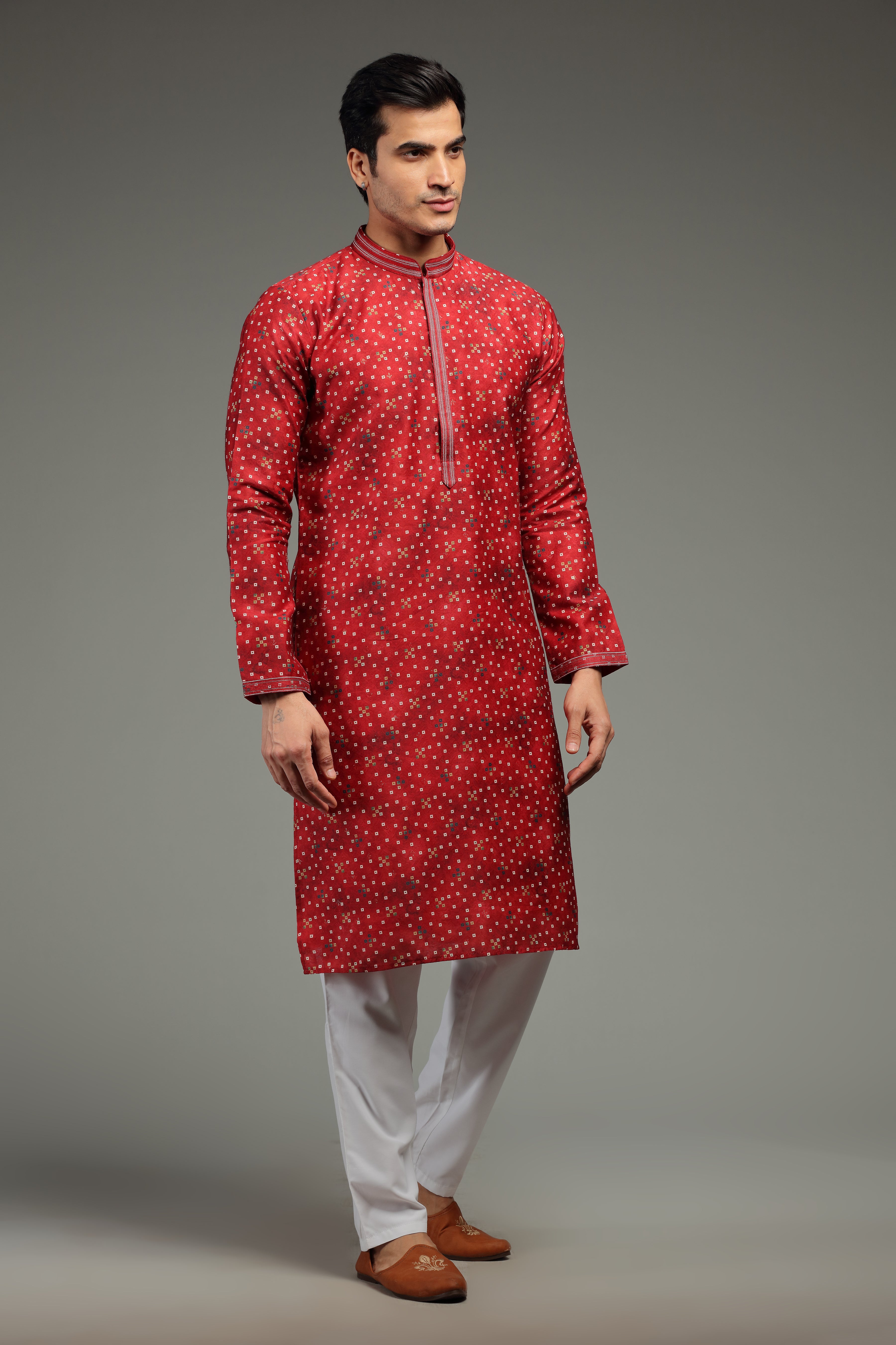 Red Kurta Set with Bandhani Print - Shreeman