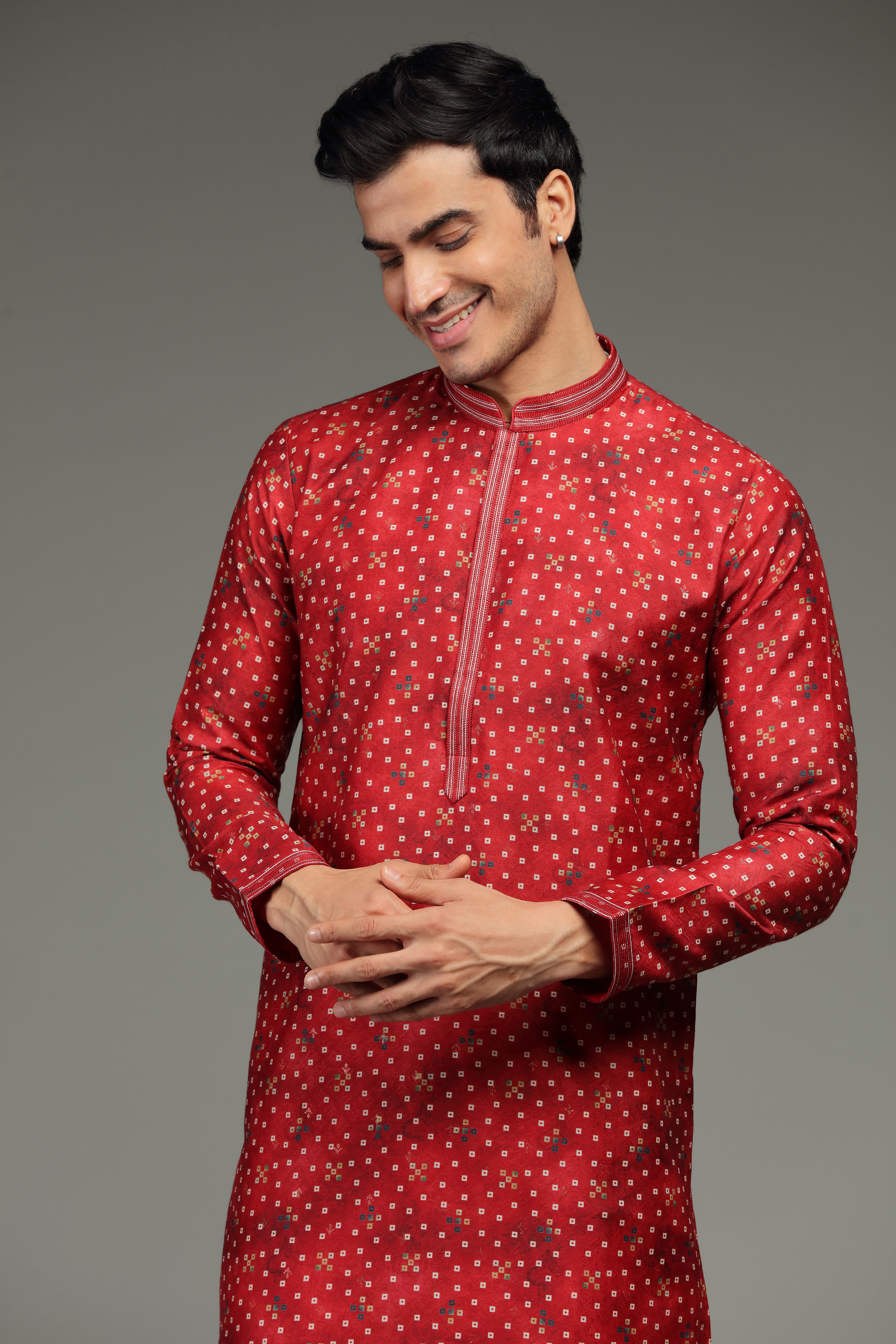 Red Kurta Set with Bandhani Print - Shreeman