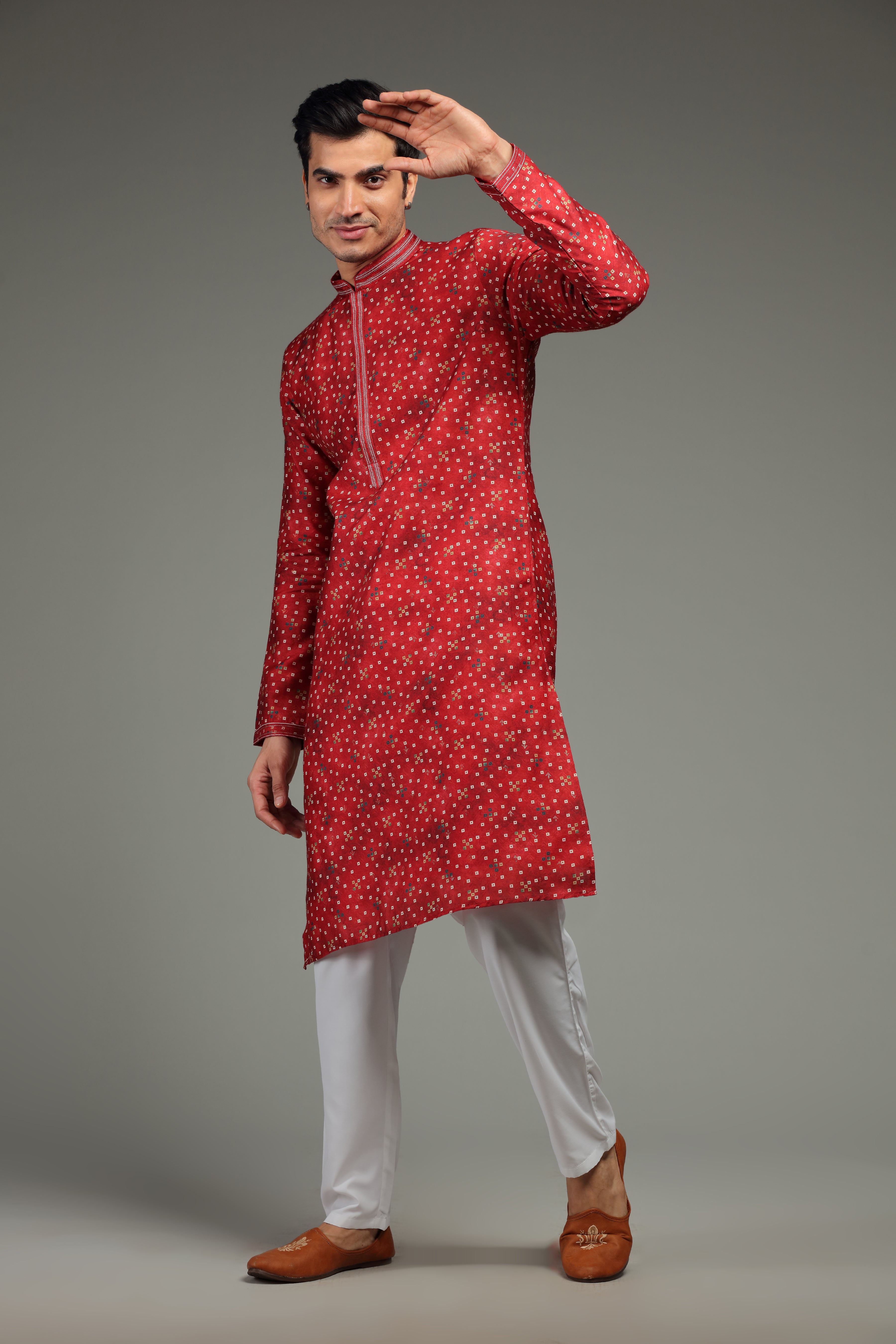 Red Kurta Set with Bandhani Print - Shreeman