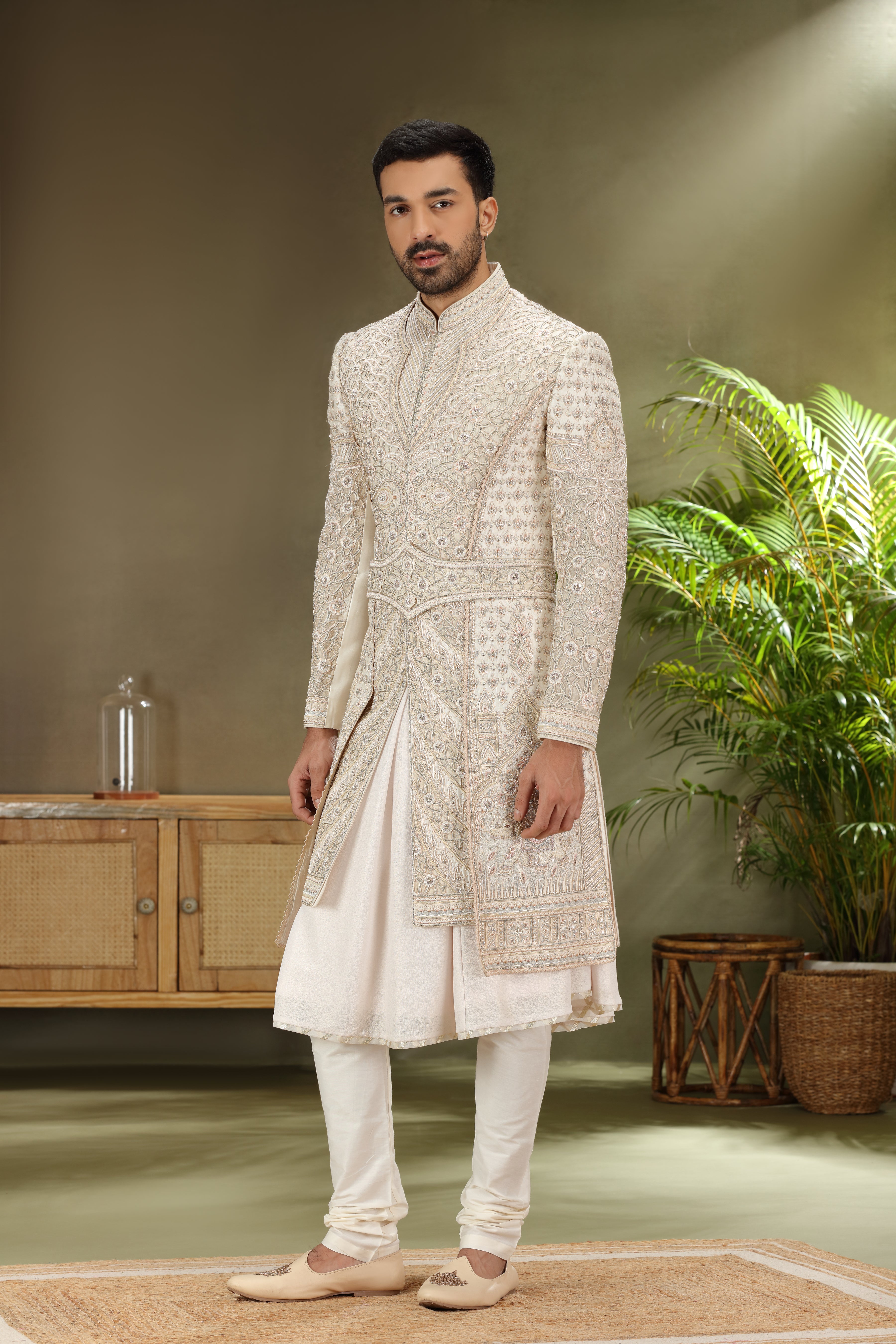 Ivory Silk Sherwani with Resham Zardoshi Aari Work