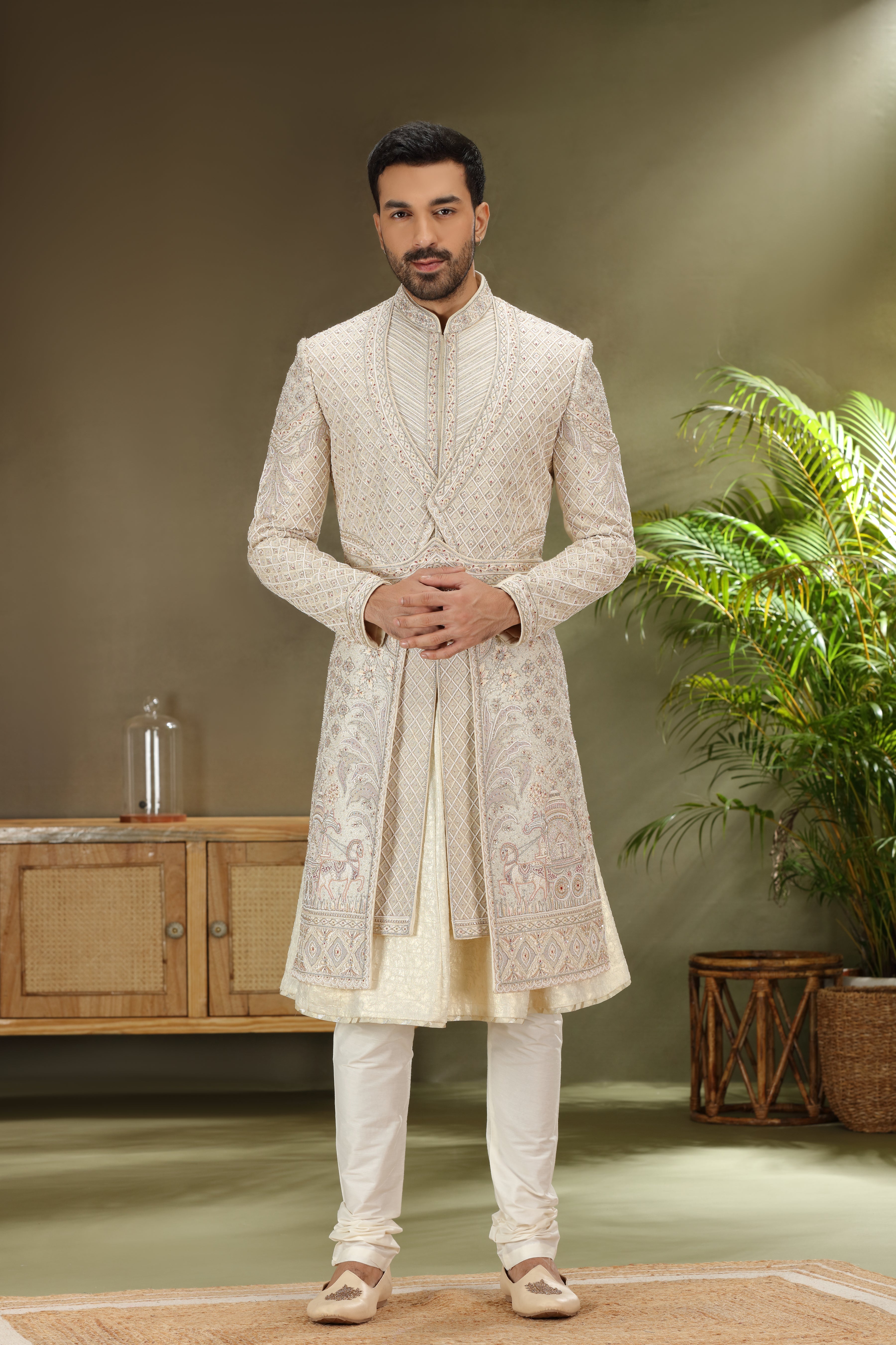 Light Cream Silk Sherwani with Resham Aari Zardoshi Work