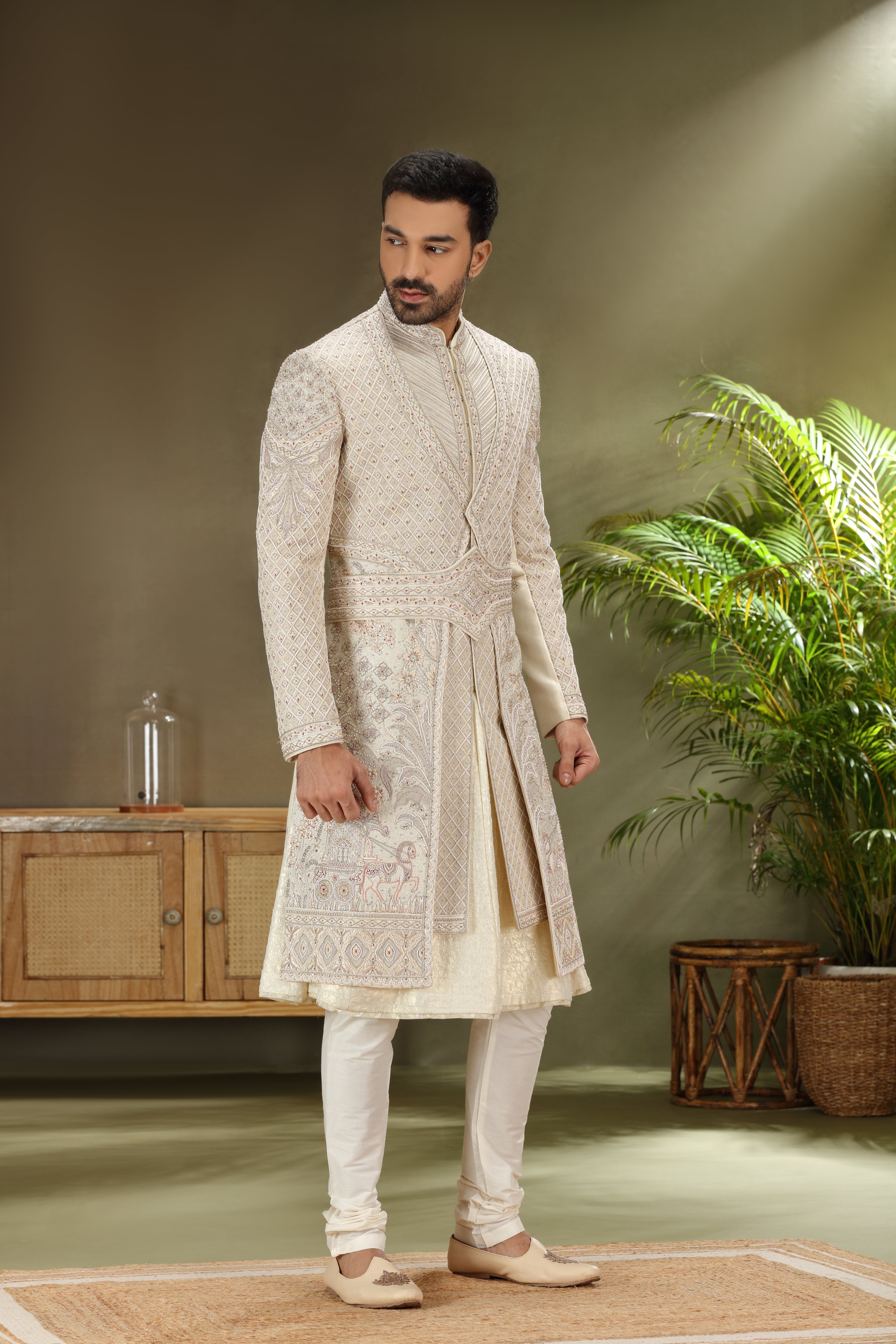 Light Cream Silk Sherwani with Resham Aari Zardoshi Work
