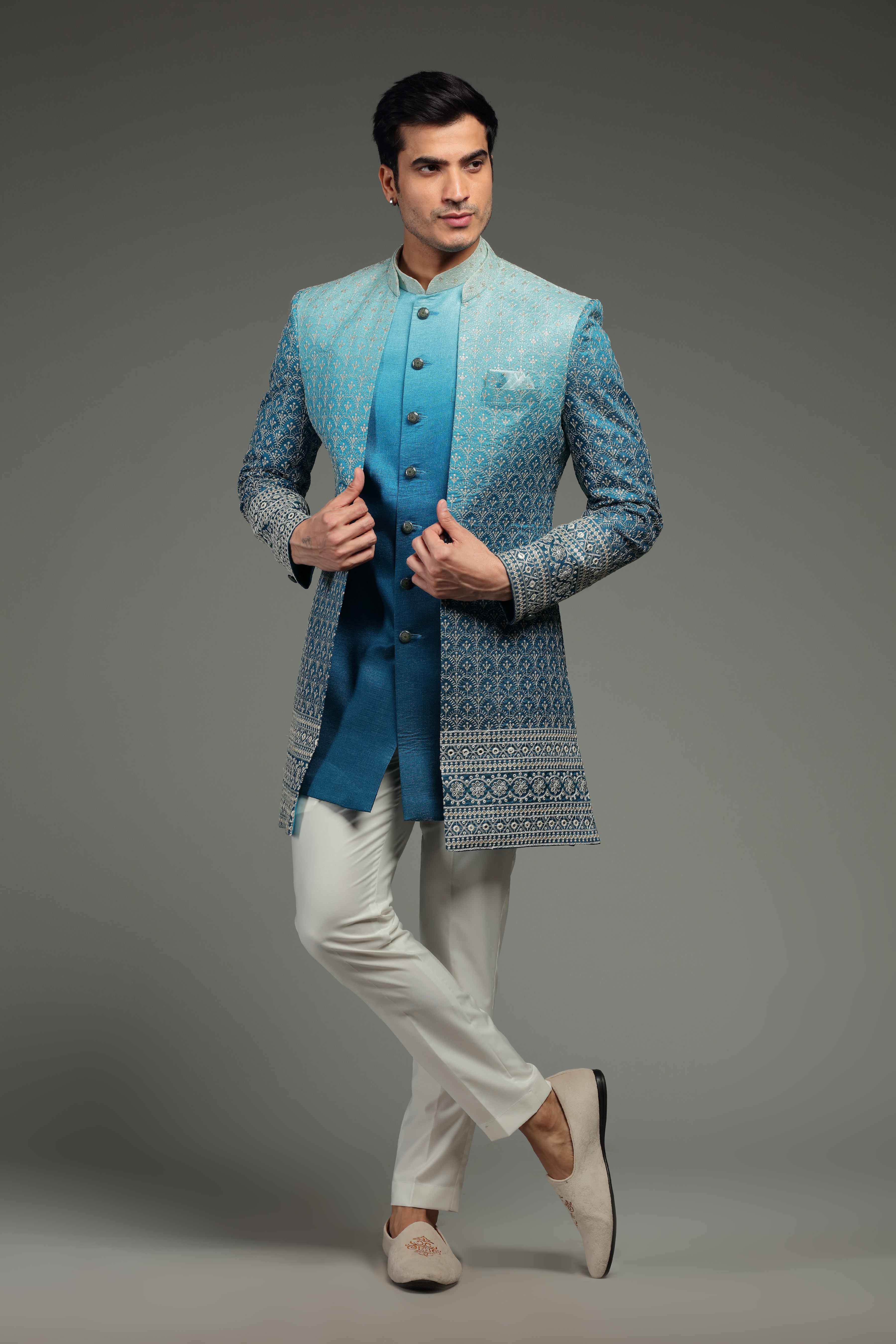 Blue Ombre Open Jacket Kurta Set with All-Over Embroidery - Shreeman