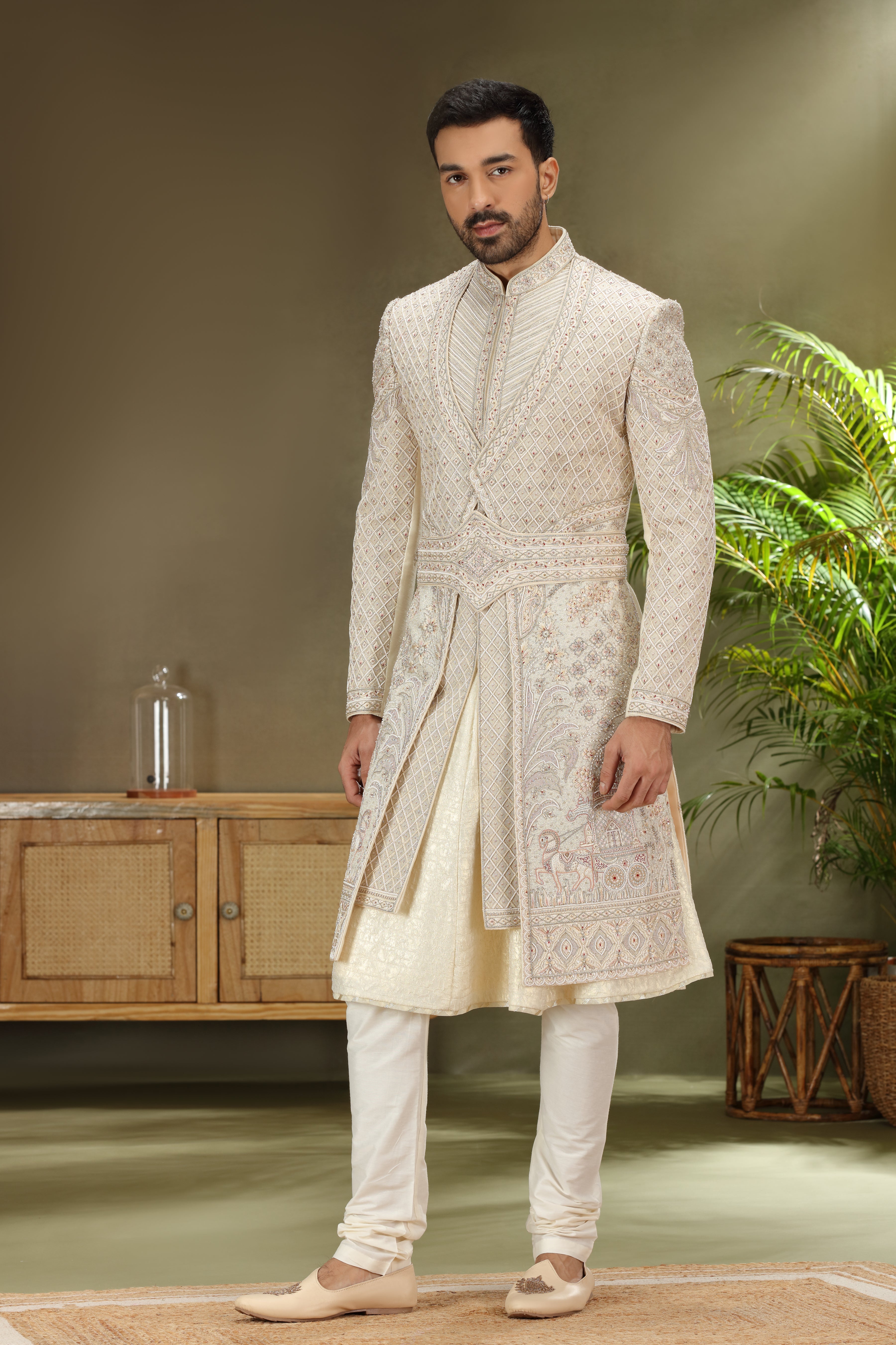 Light Cream Silk Sherwani with Resham Aari Zardoshi Work