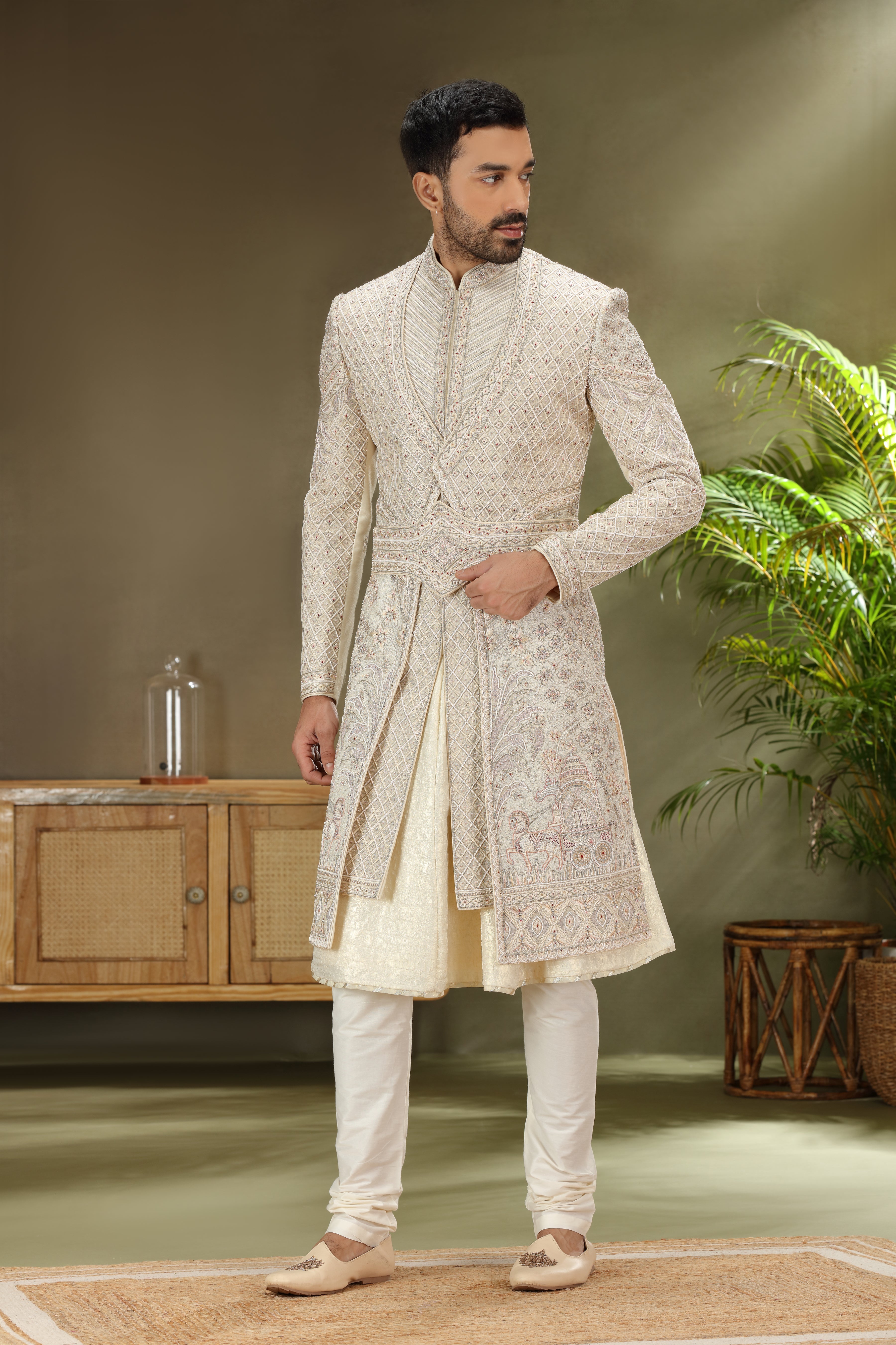 Light Cream Silk Sherwani with Resham Aari Zardoshi Work