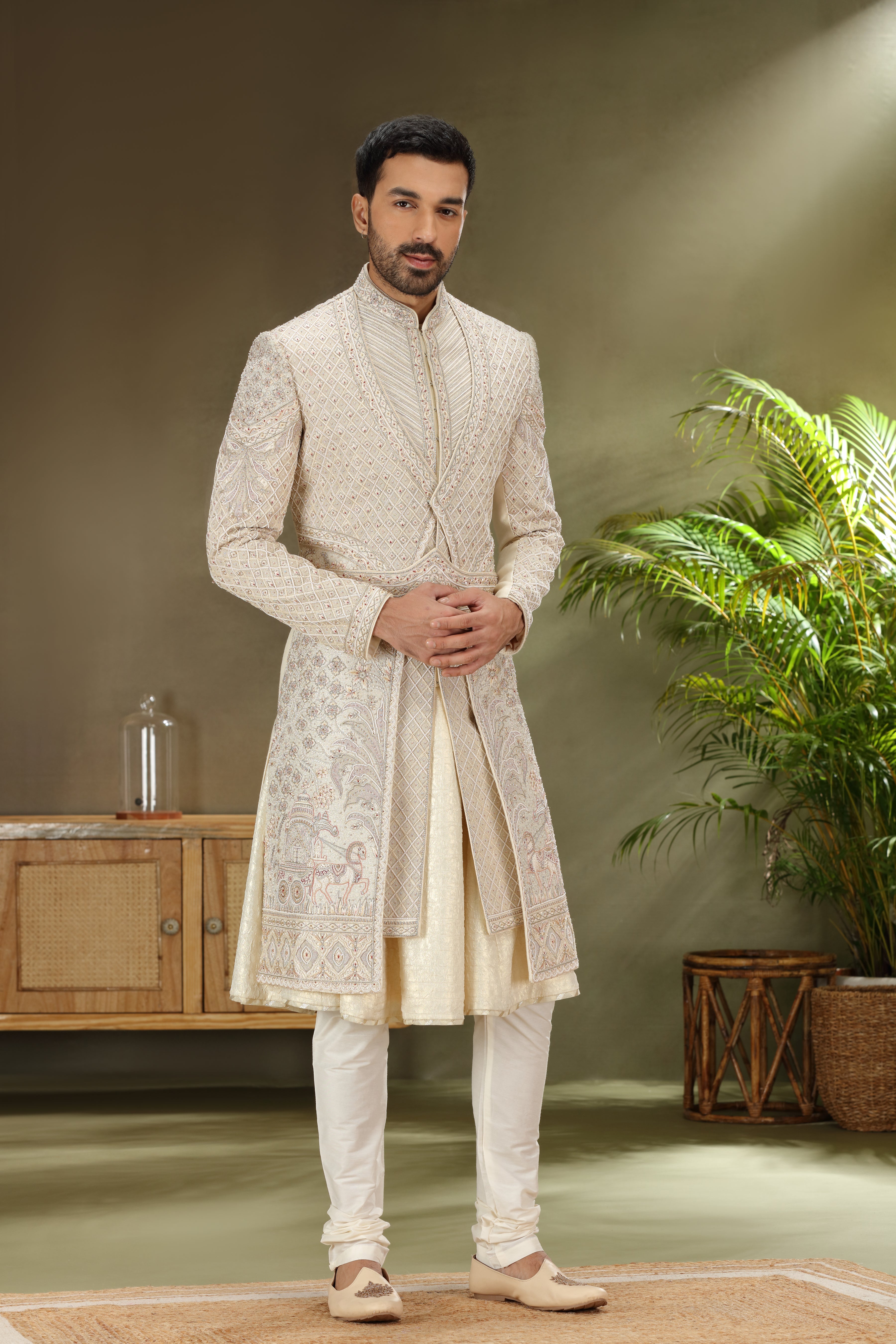 Light Cream Silk Sherwani with Resham Aari Zardoshi Work