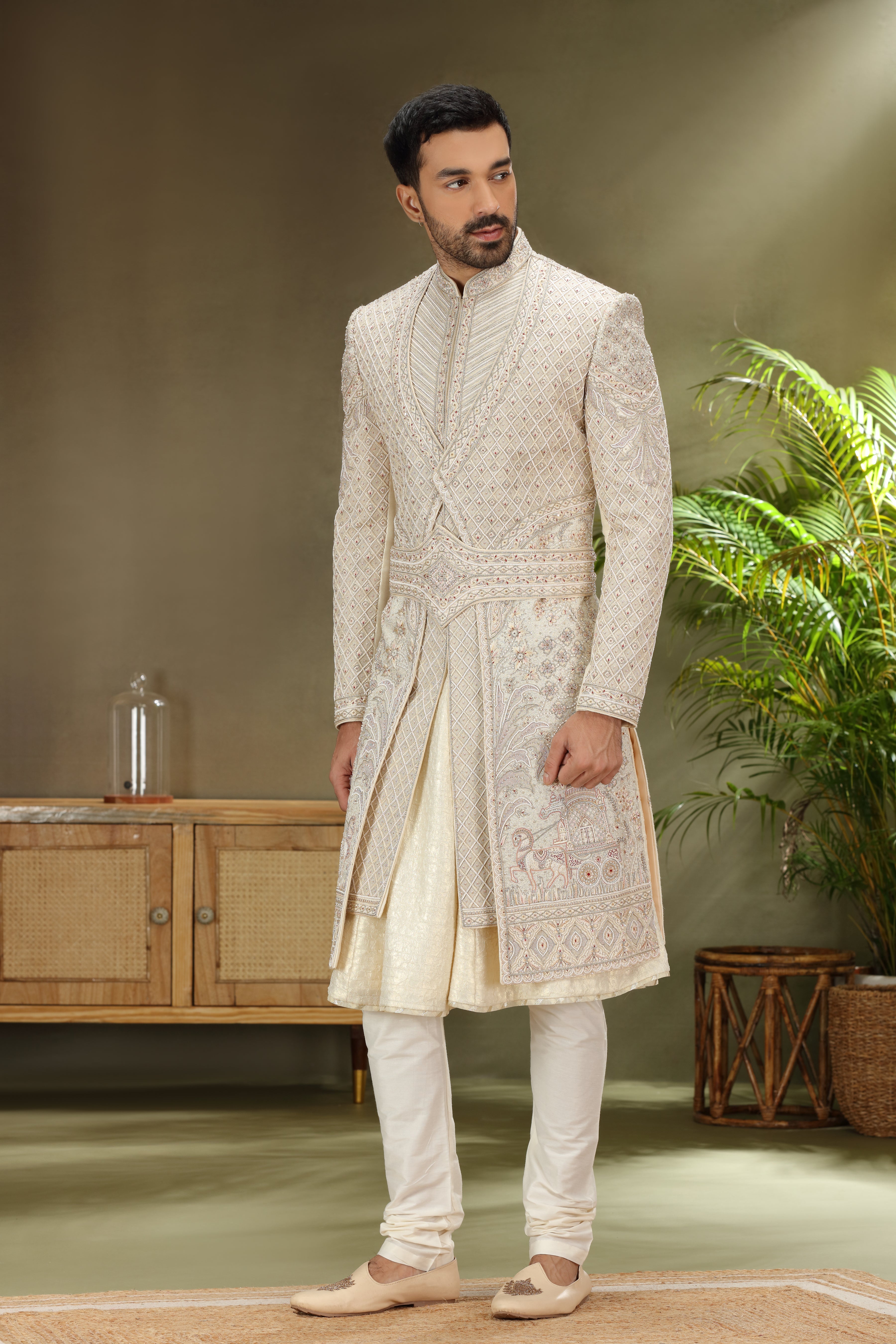 Light Cream Silk Sherwani with Resham Aari Zardoshi Work