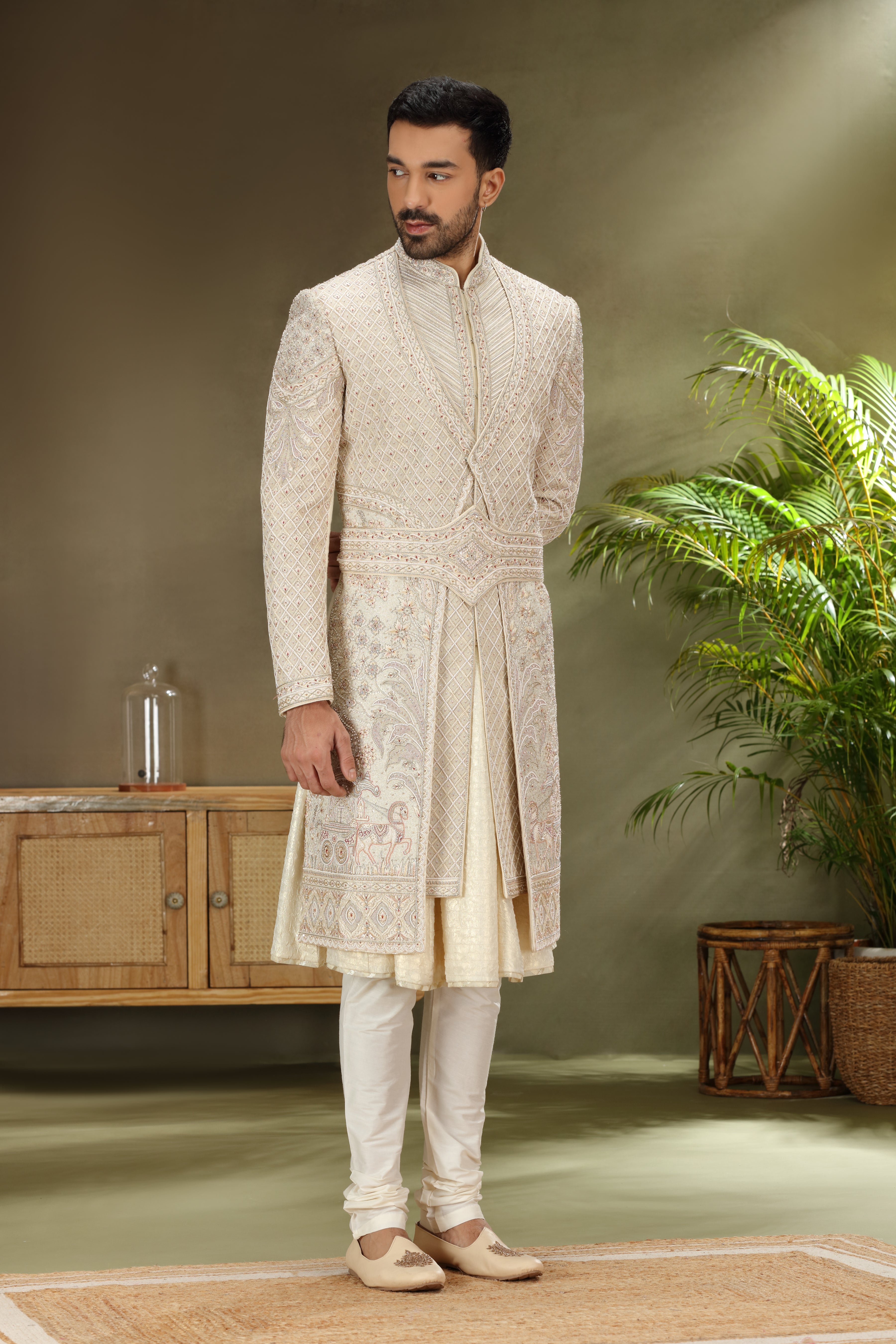 Light Cream Silk Sherwani with Resham Aari Zardoshi Work